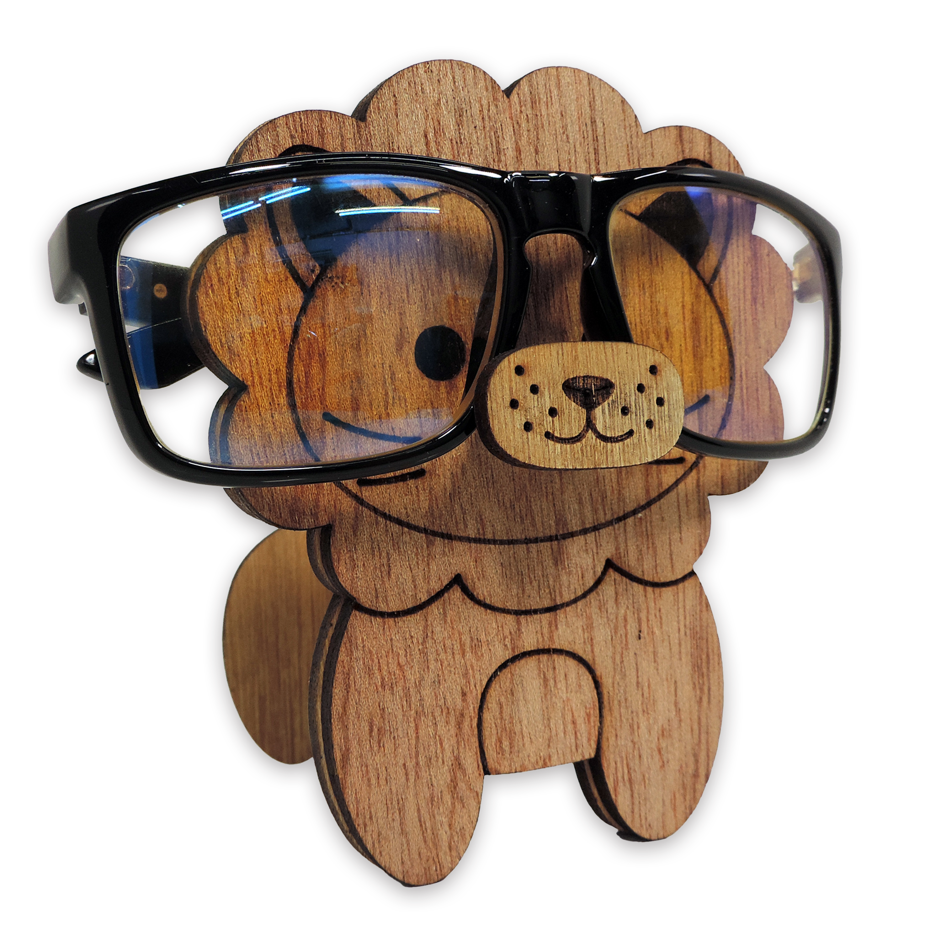 Laser-cut lion glasses holder, 5 mm plywood — cherry, blank (5 × 5 in)