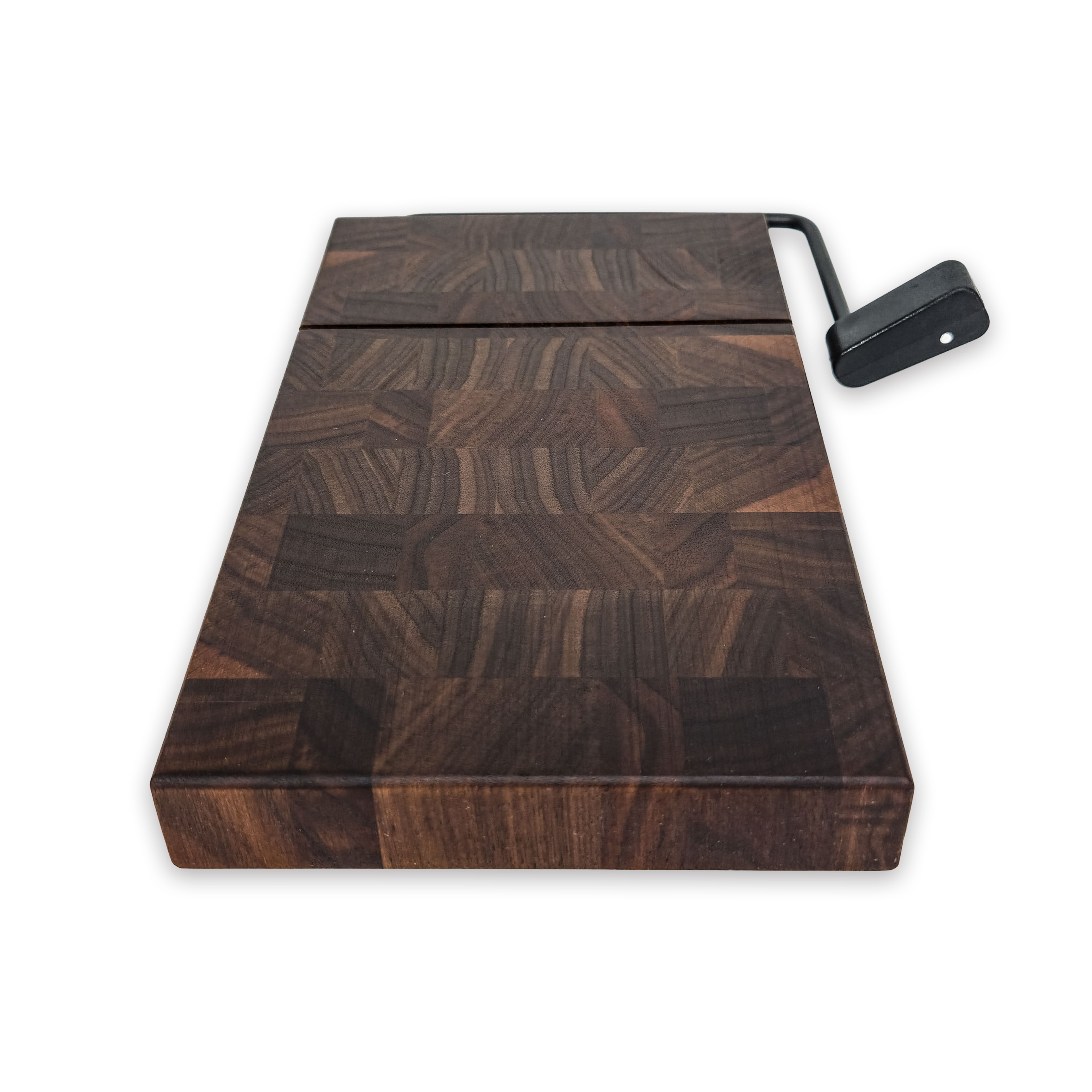 End grain solid walnut cheese slicer board with wire cutter, oiled hardwood
