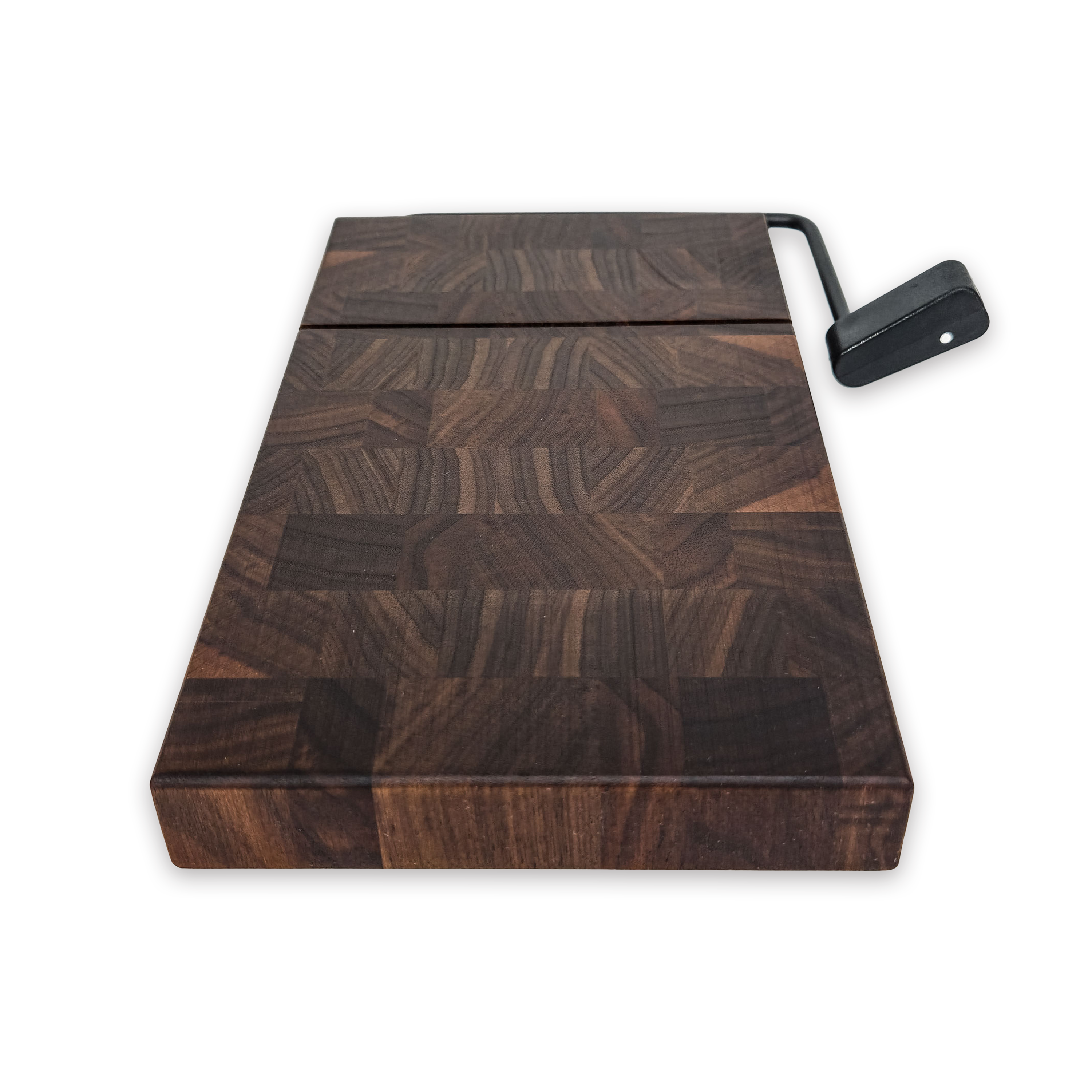 End grain solid walnut cheese slicer board with wire cutter, oiled hardwood