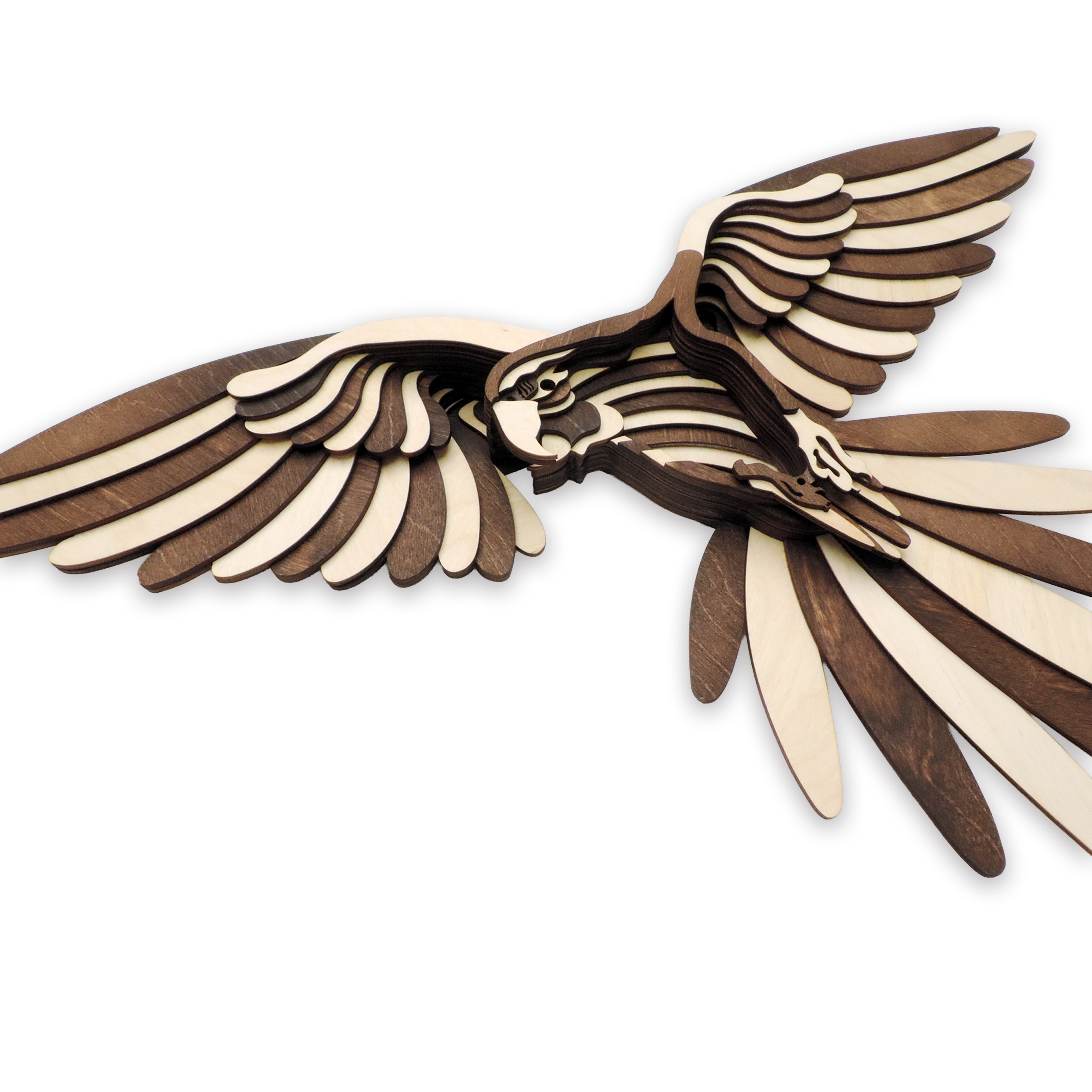 Multilayer 3D laser-cut macaw wall art, Baltic Birch Plywood — walnut maple, small (12 × 7.5 in)