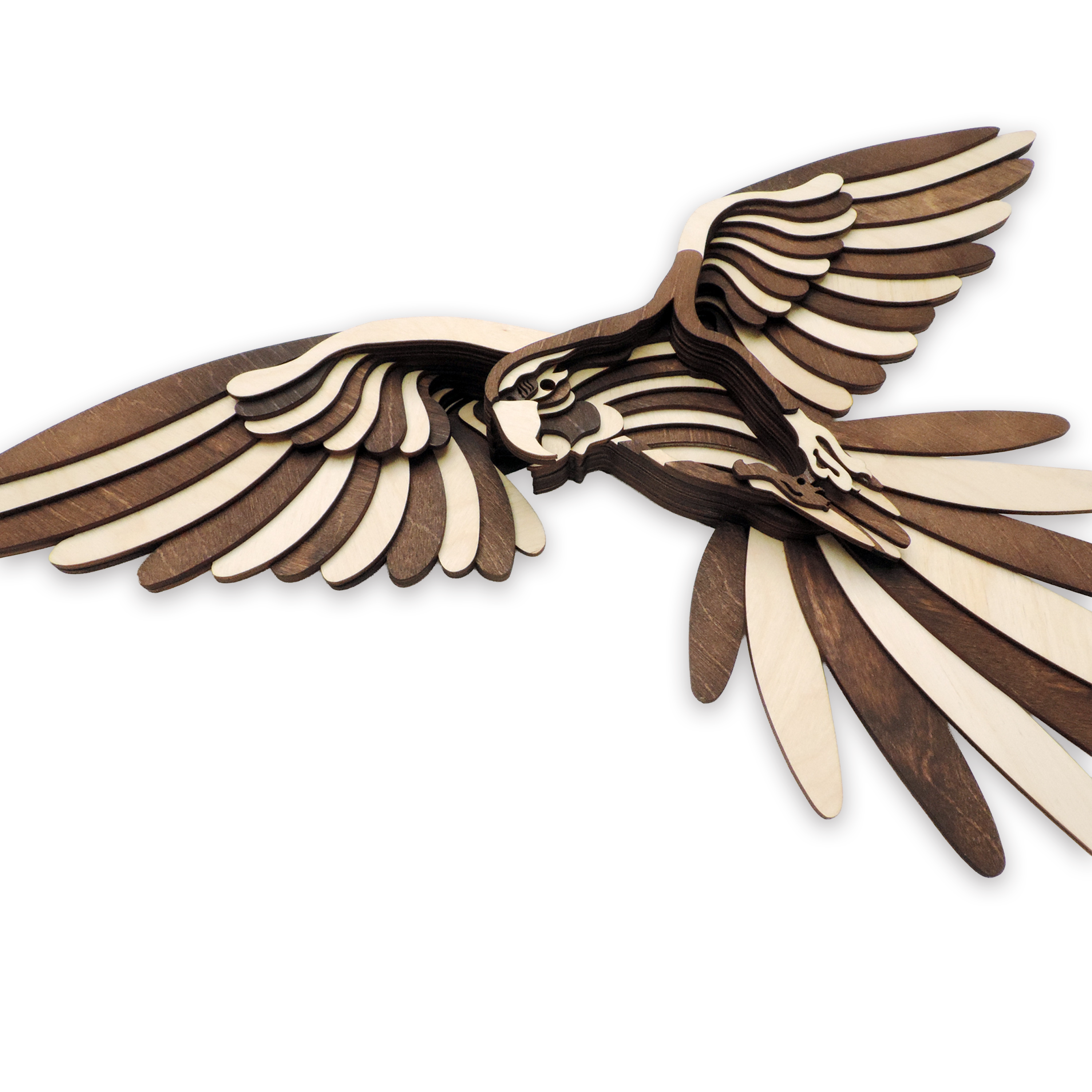 Multilayer 3D laser-cut macaw wall art, Baltic Birch Plywood — walnut maple, small (12 × 7.5 in)