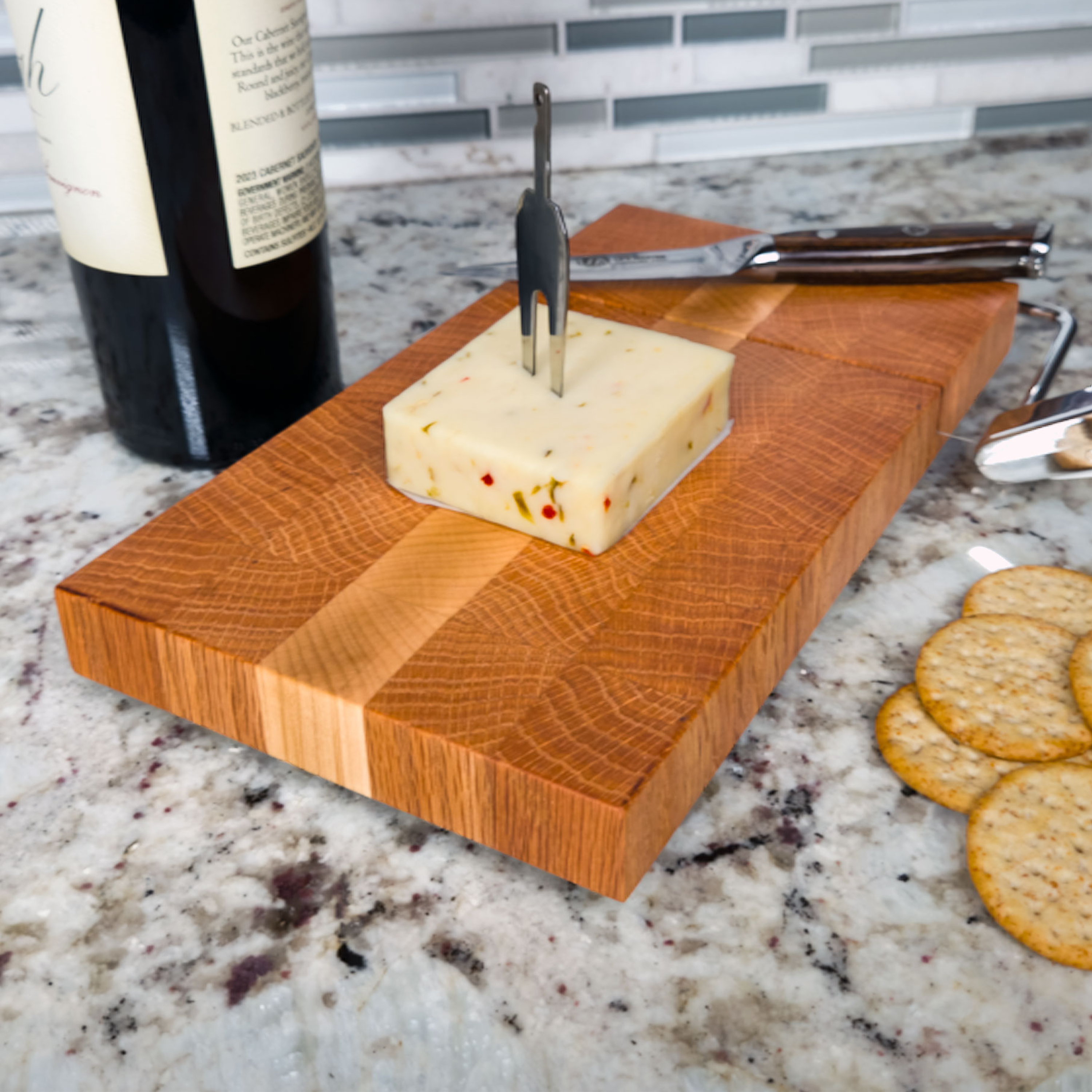 End grain oak & maple cheese slicer board with wire cutter, oiled hardwood