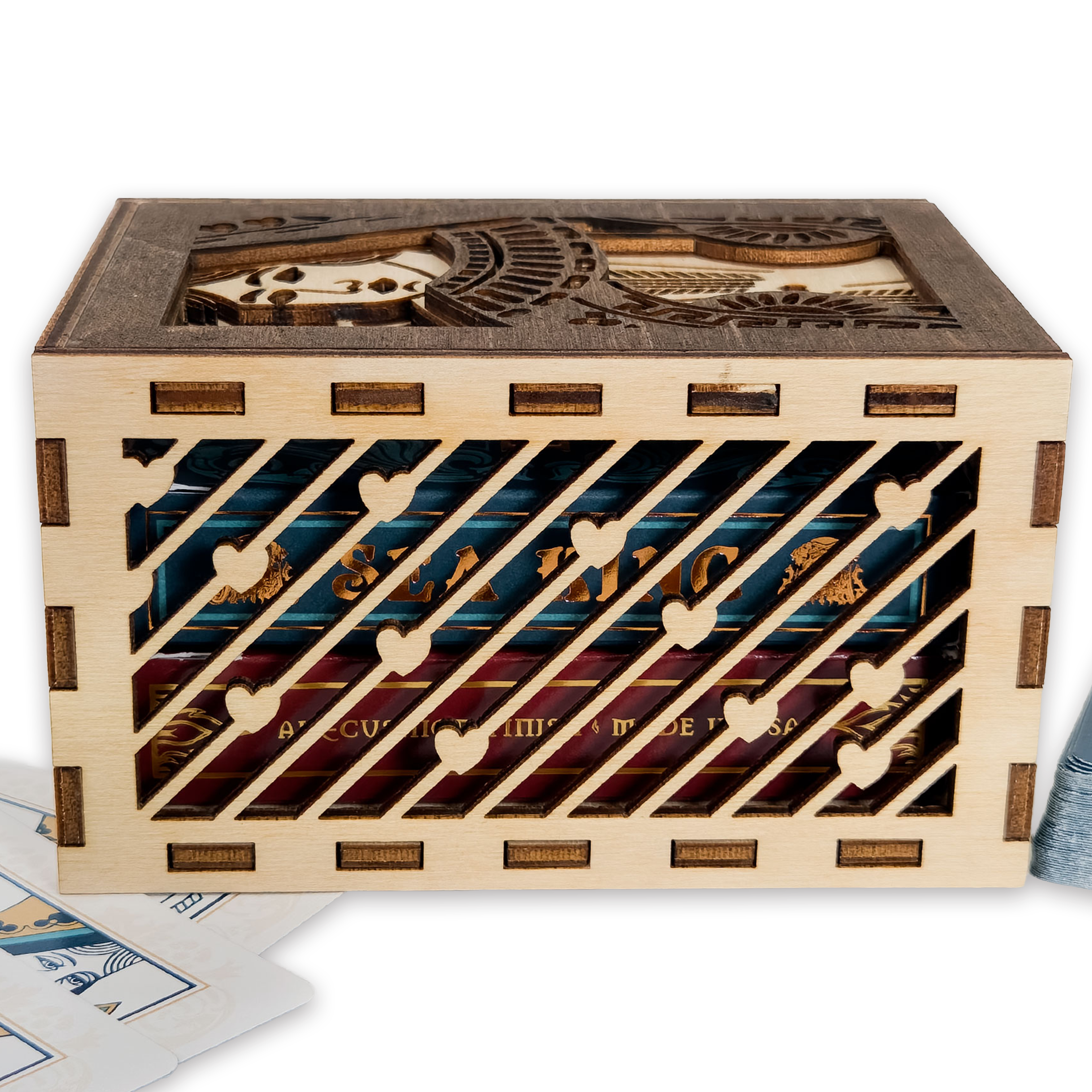 Laser-cut queen of hearts poker card box, walnut & maple birch plywood