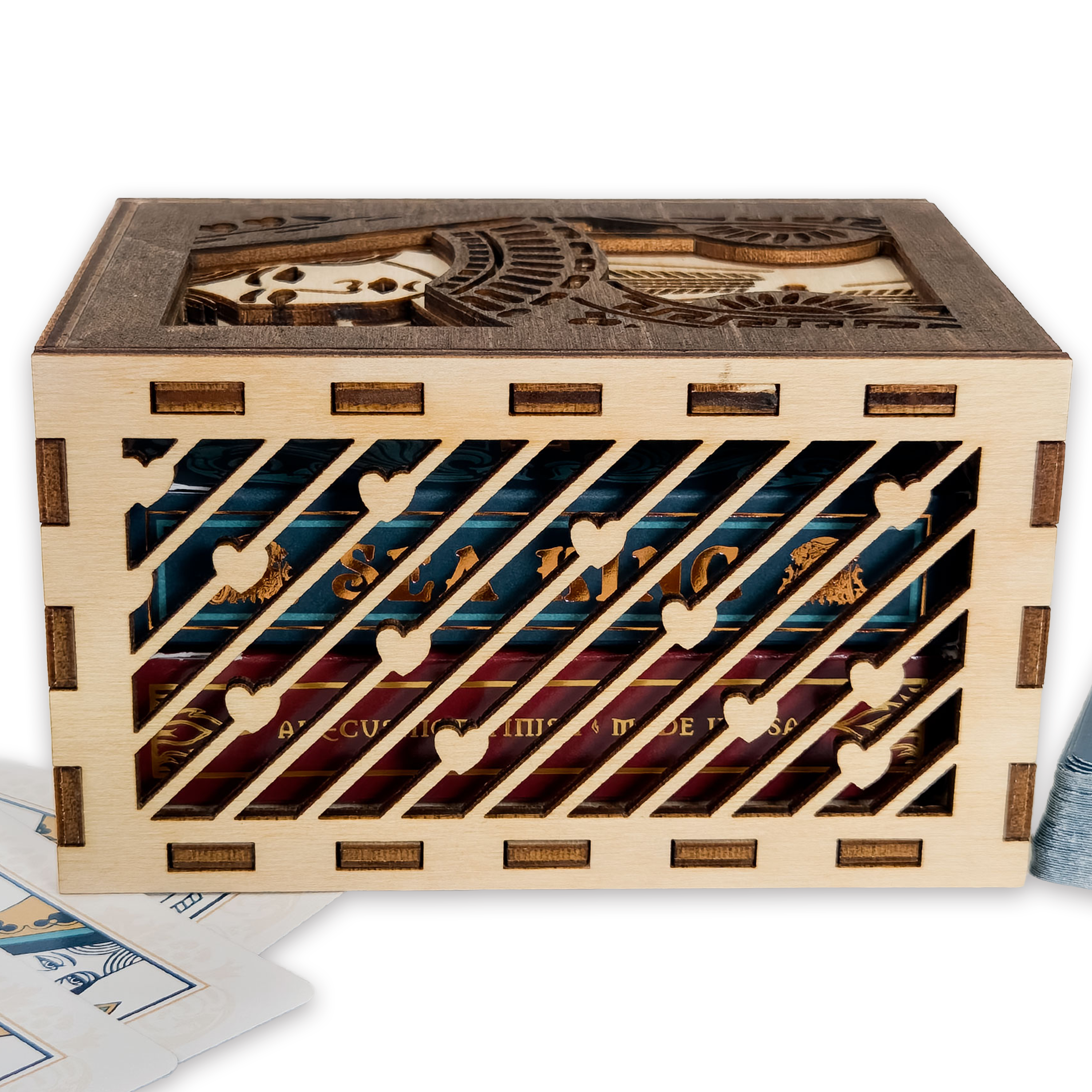 Laser-cut queen of hearts poker card box, walnut & maple birch plywood