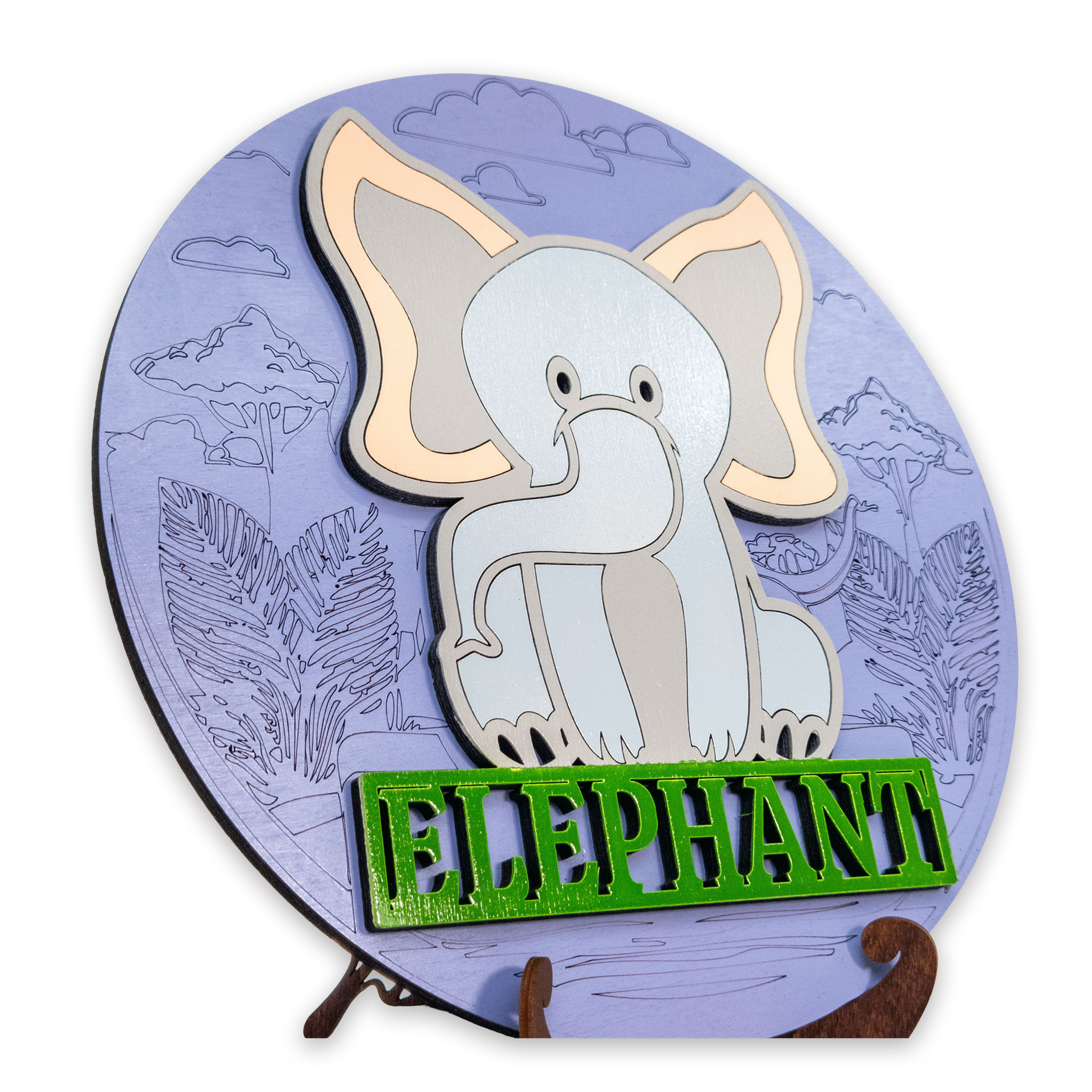 Multilayer 3D laser-cut elephant name sign wall art, Baltic Birch Plywood