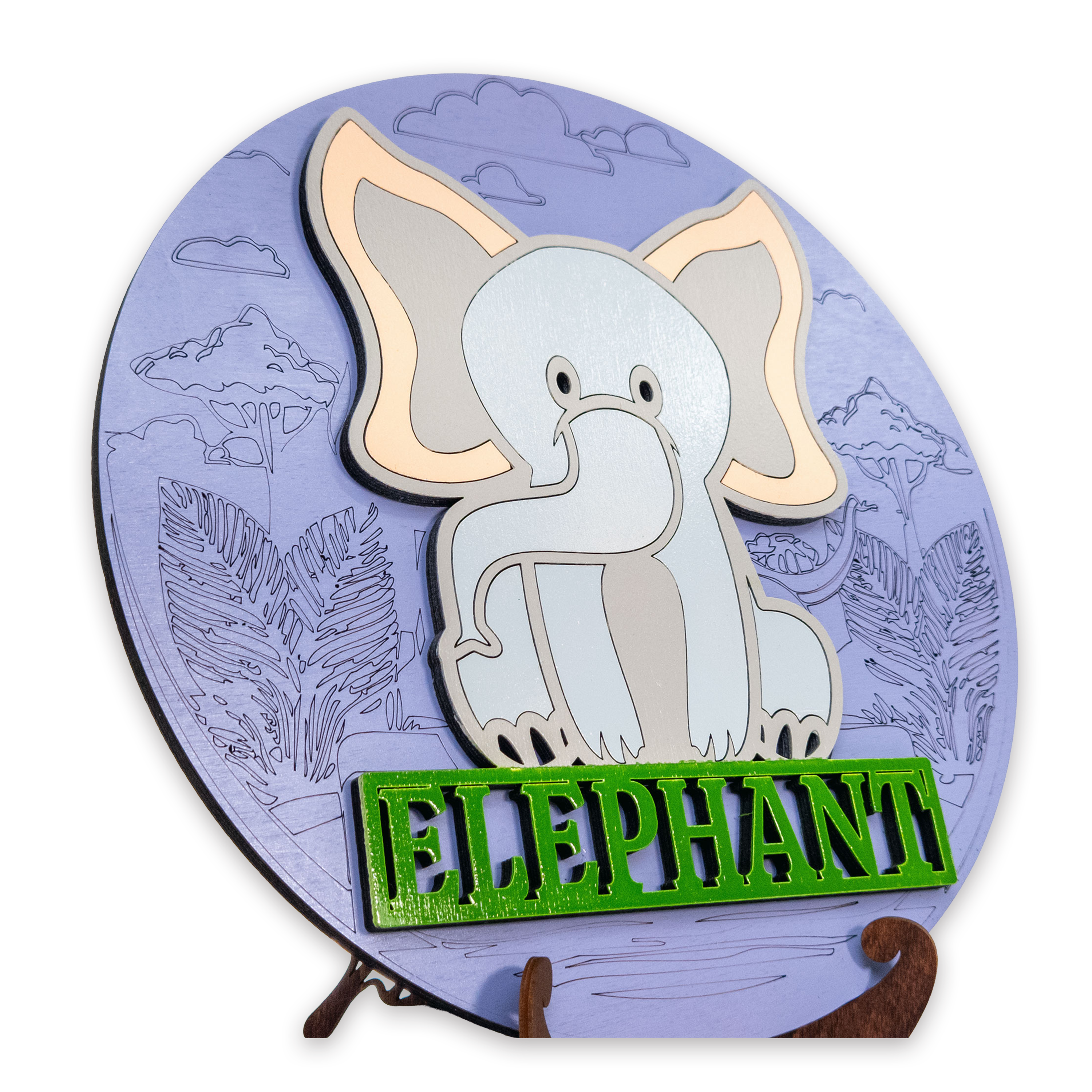 Multilayer 3D laser-cut elephant name sign wall art, Baltic Birch Plywood