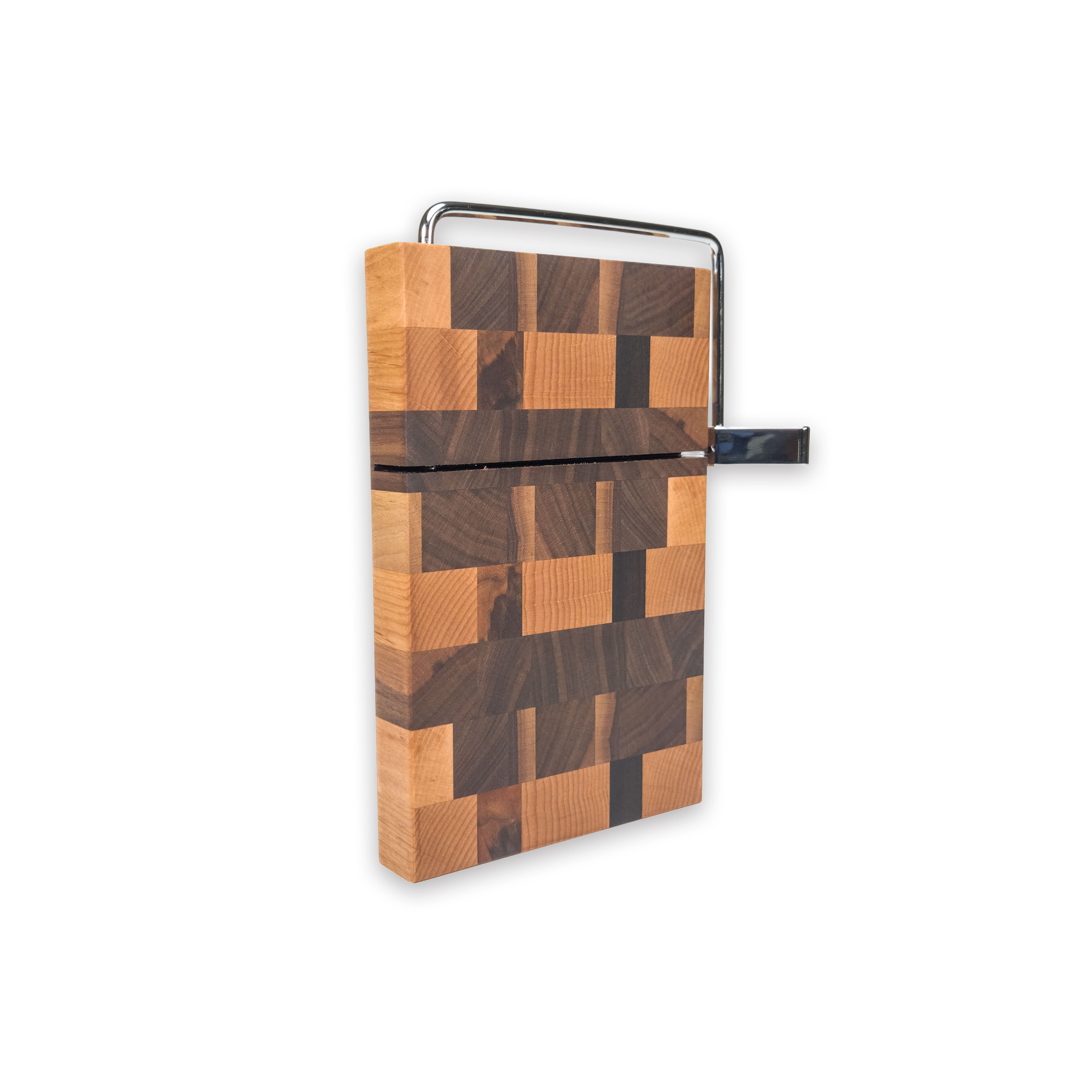 End grain oak, maple & walnut cheese slicer board with wire cutter, oiled hardwood