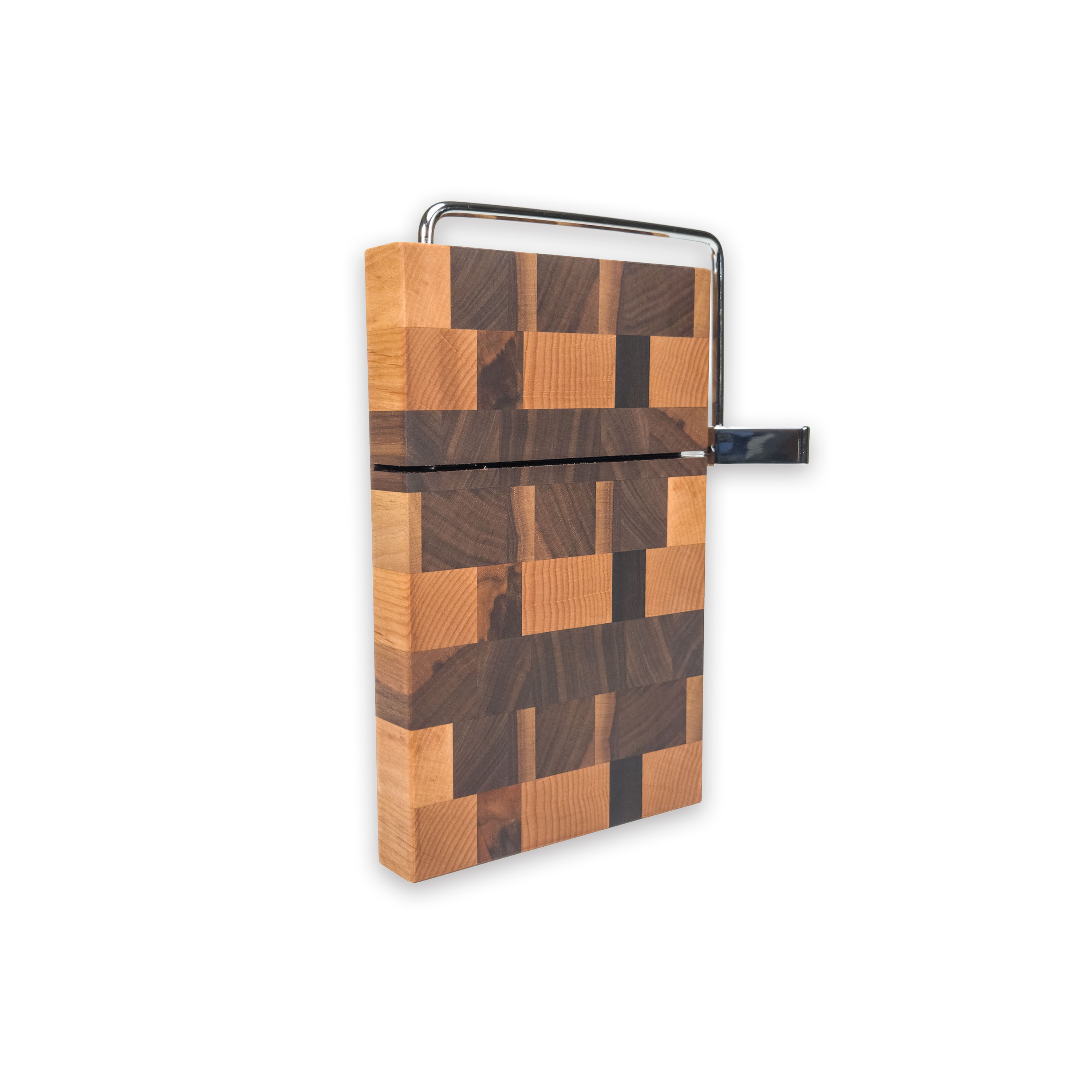 End grain oak, maple & walnut cheese slicer board with wire cutter, oiled hardwood