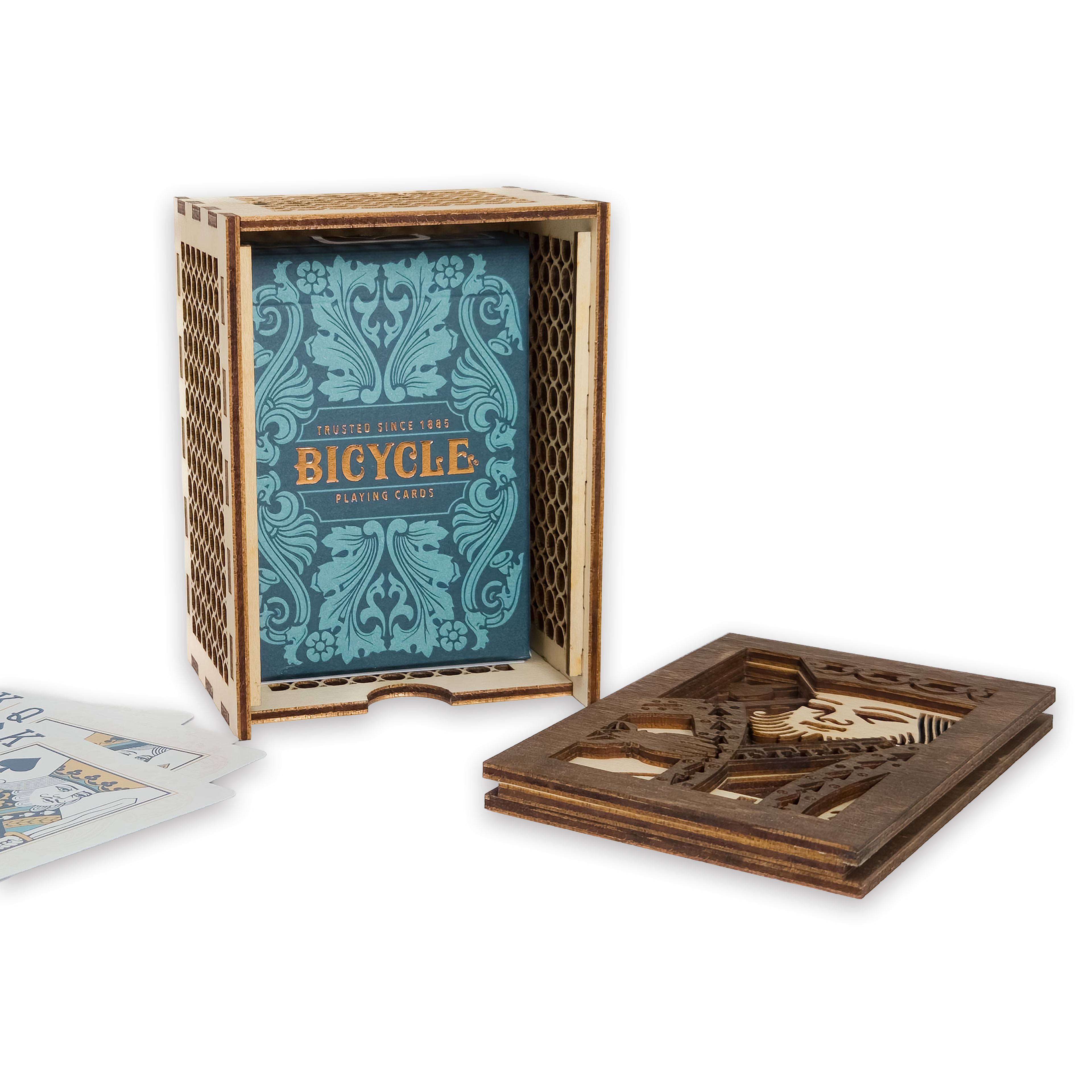 Laser-cut king of hearts poker card box, walnut & maple birch plywood
