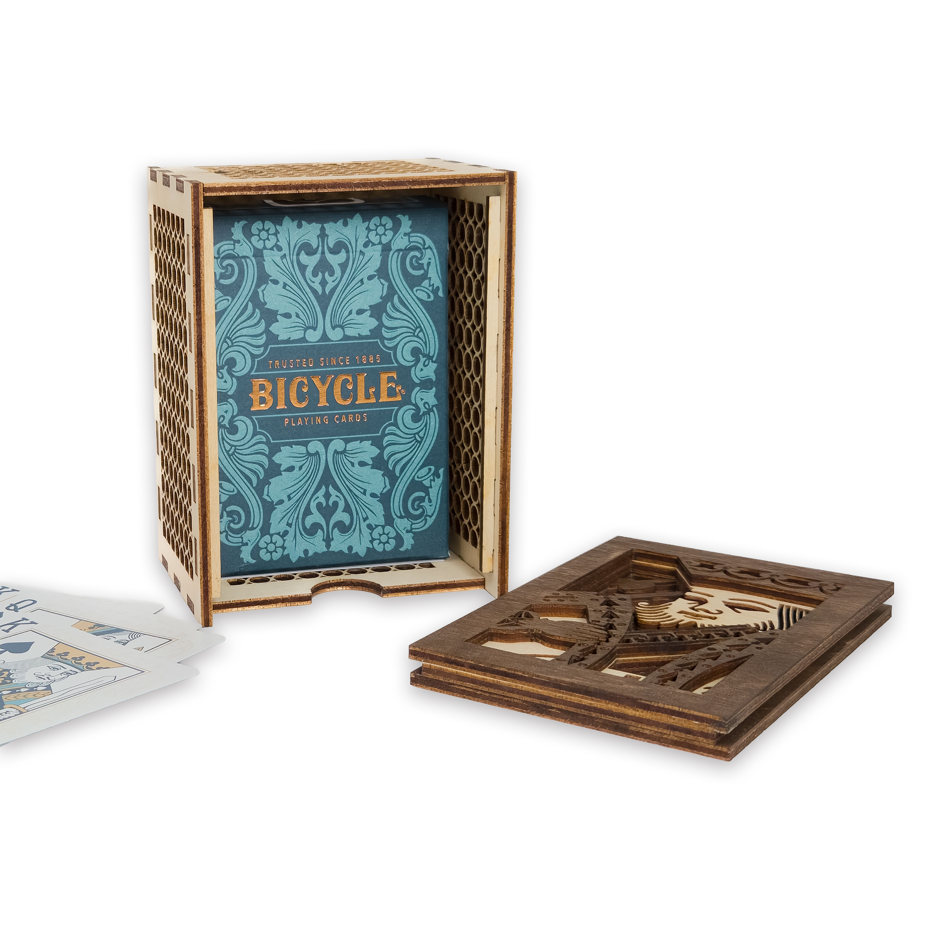 Laser-cut king of hearts poker card box, walnut & maple birch plywood