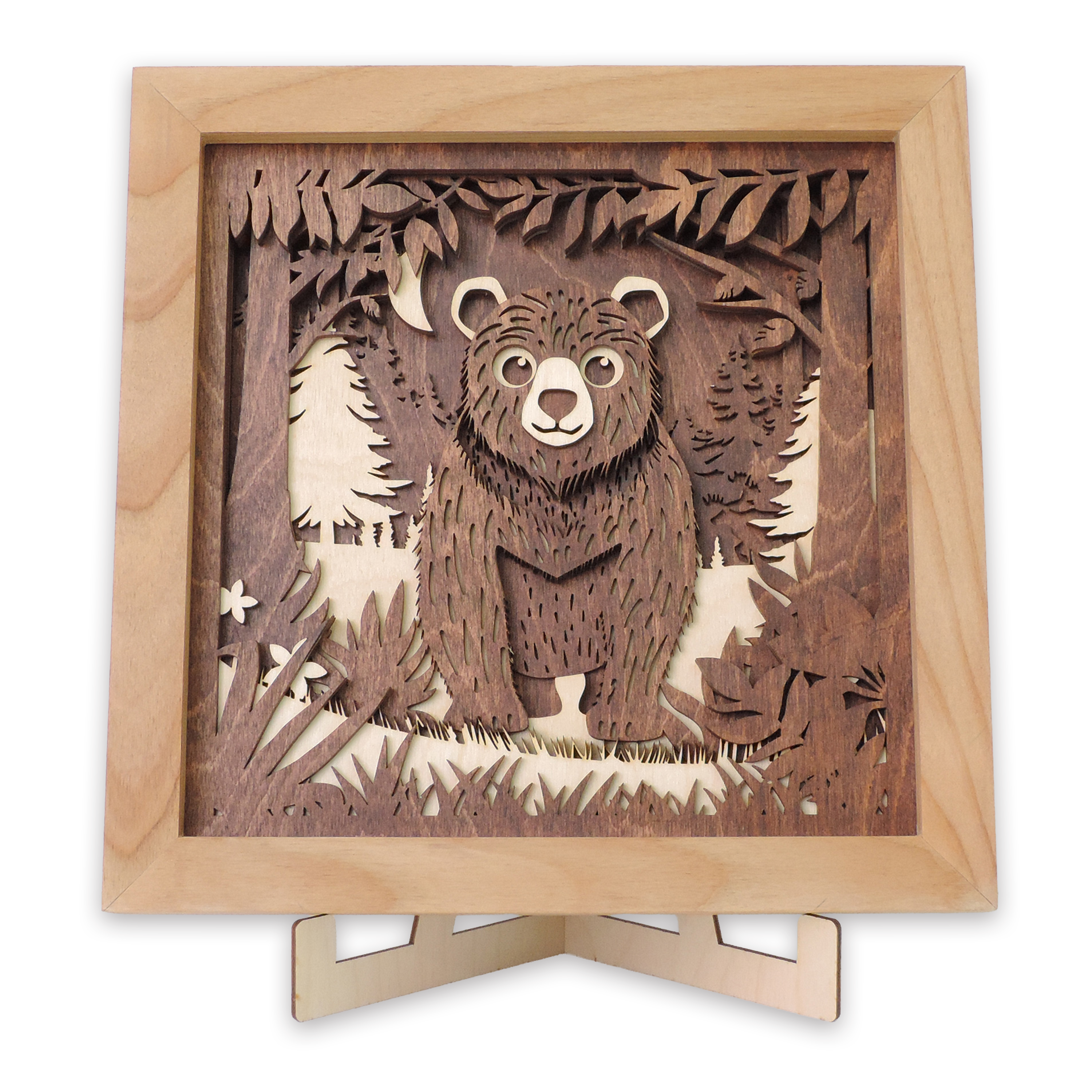 Multilayer 3D laser-cut baby bear wall art, Baltic Birch Plywood