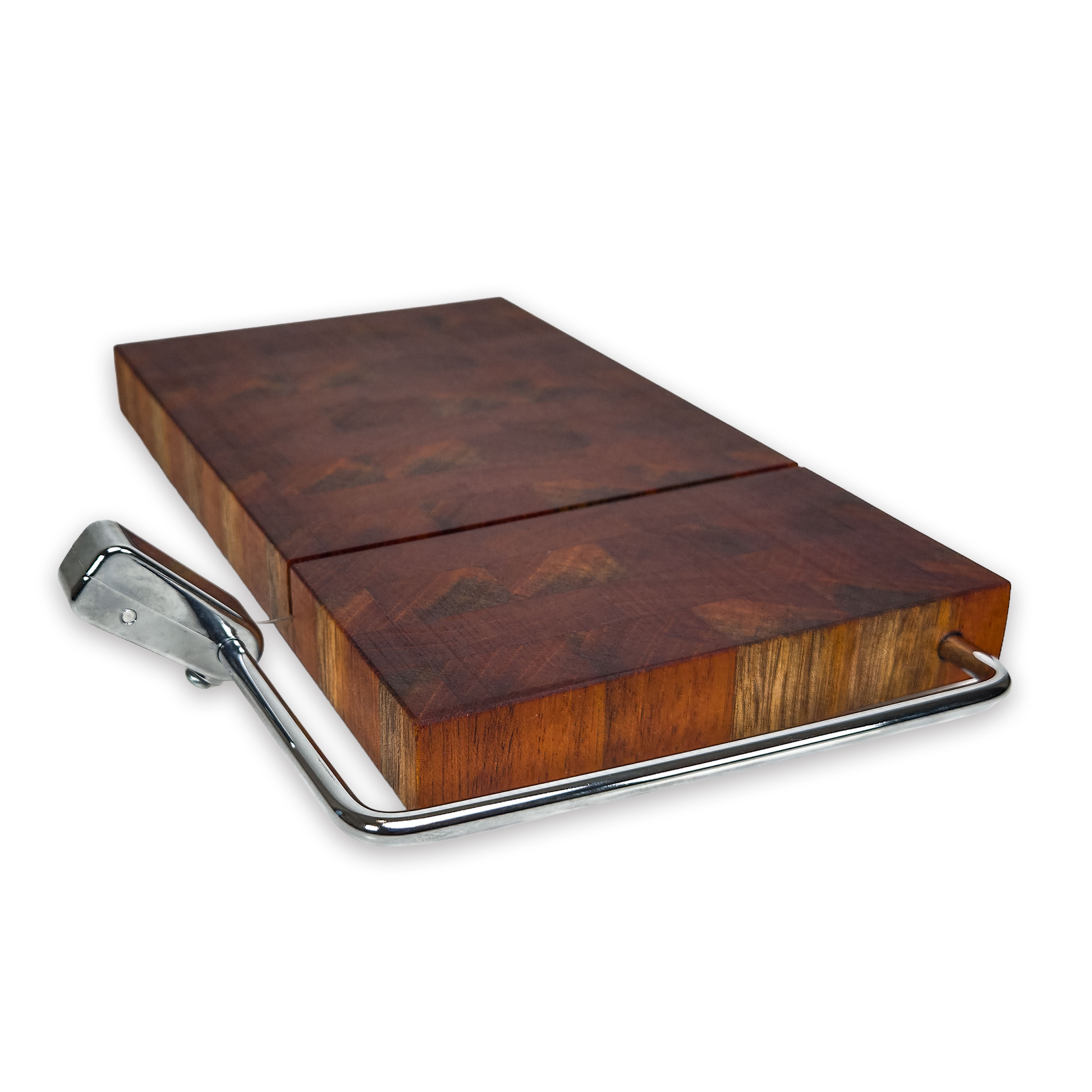 End grain walnut cheese slicer board with wire cutter, oiled hardwood