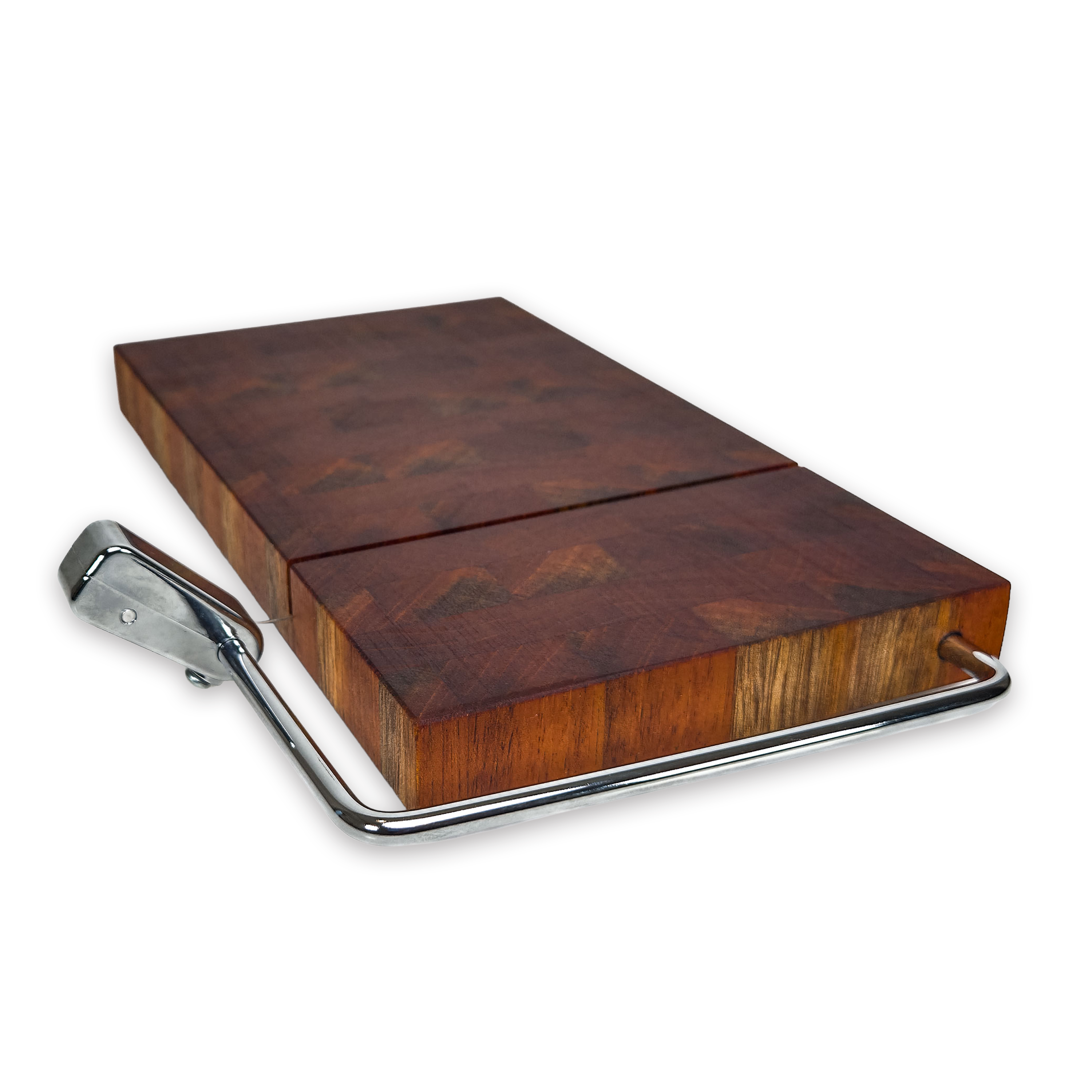 End grain walnut cheese slicer board with wire cutter, oiled hardwood