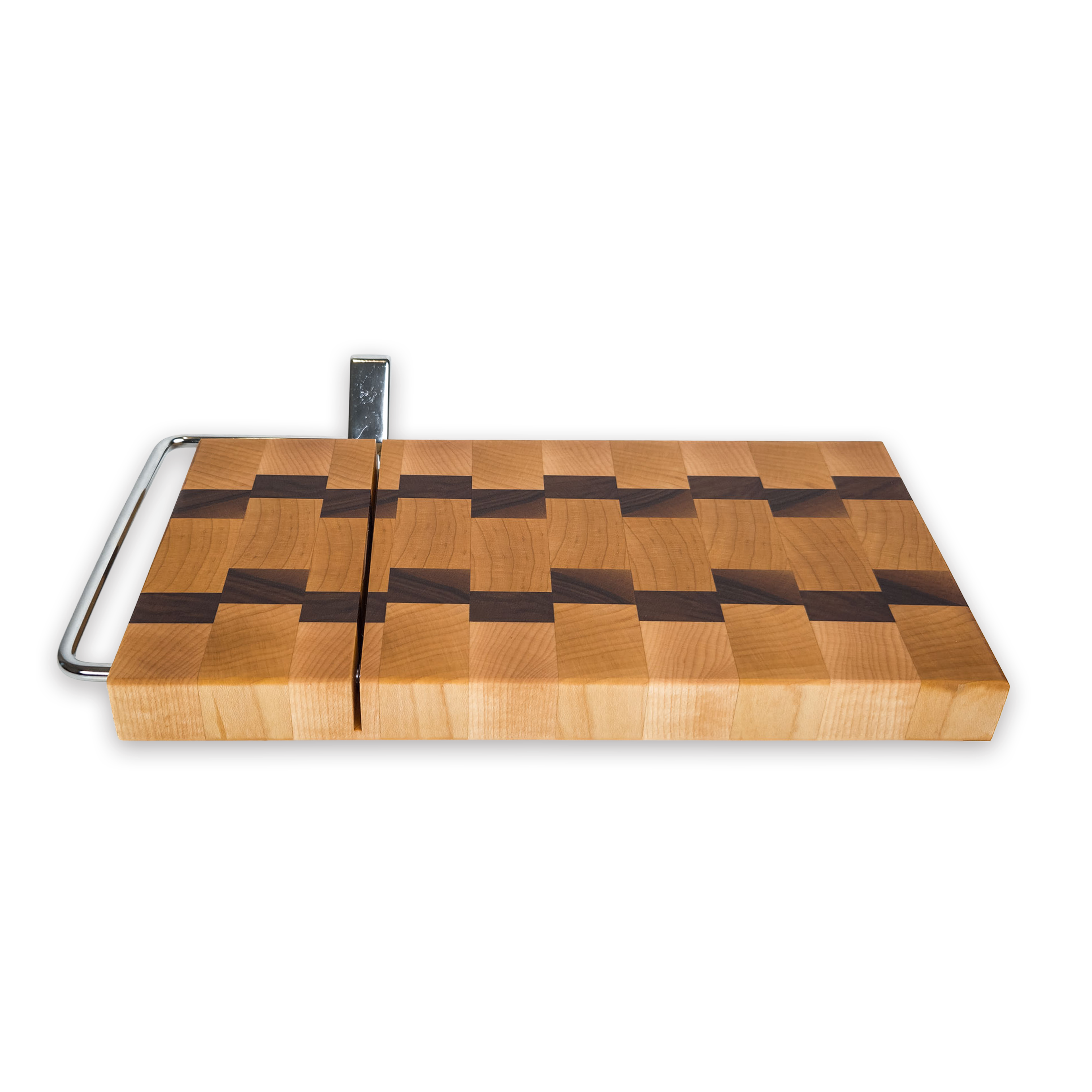 End grain maple & walnut cheese slicer board with wire cutter, oiled hardwood