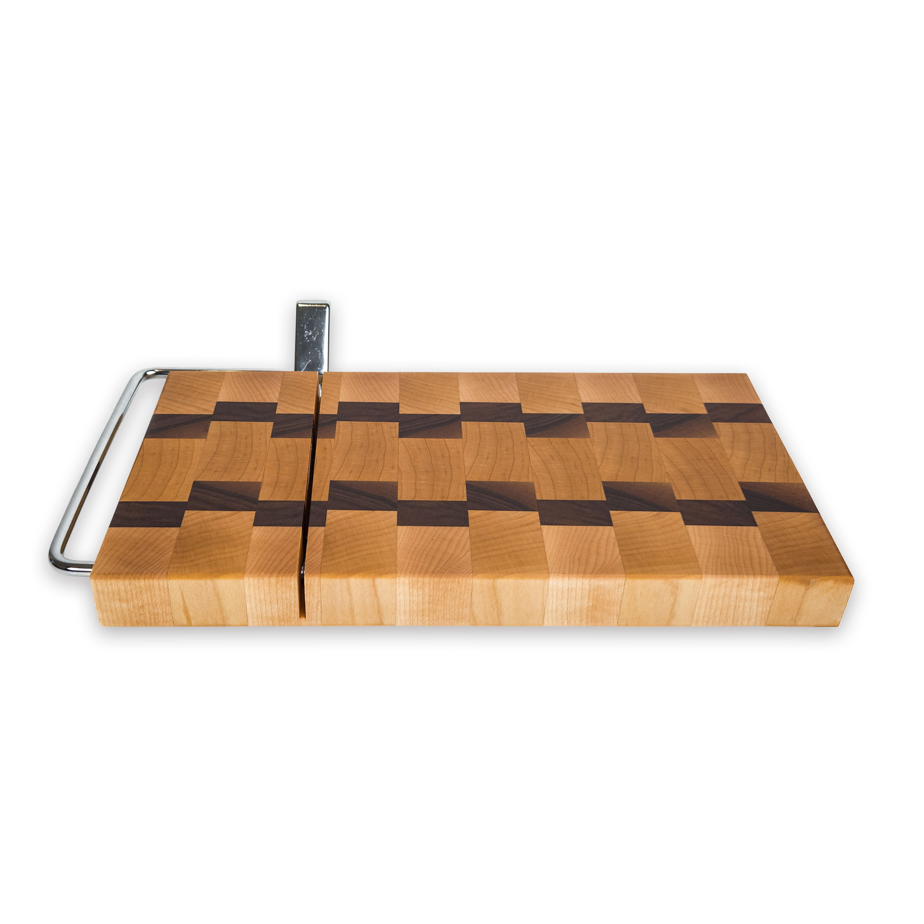 End grain maple & walnut cheese slicer board with wire cutter, oiled hardwood