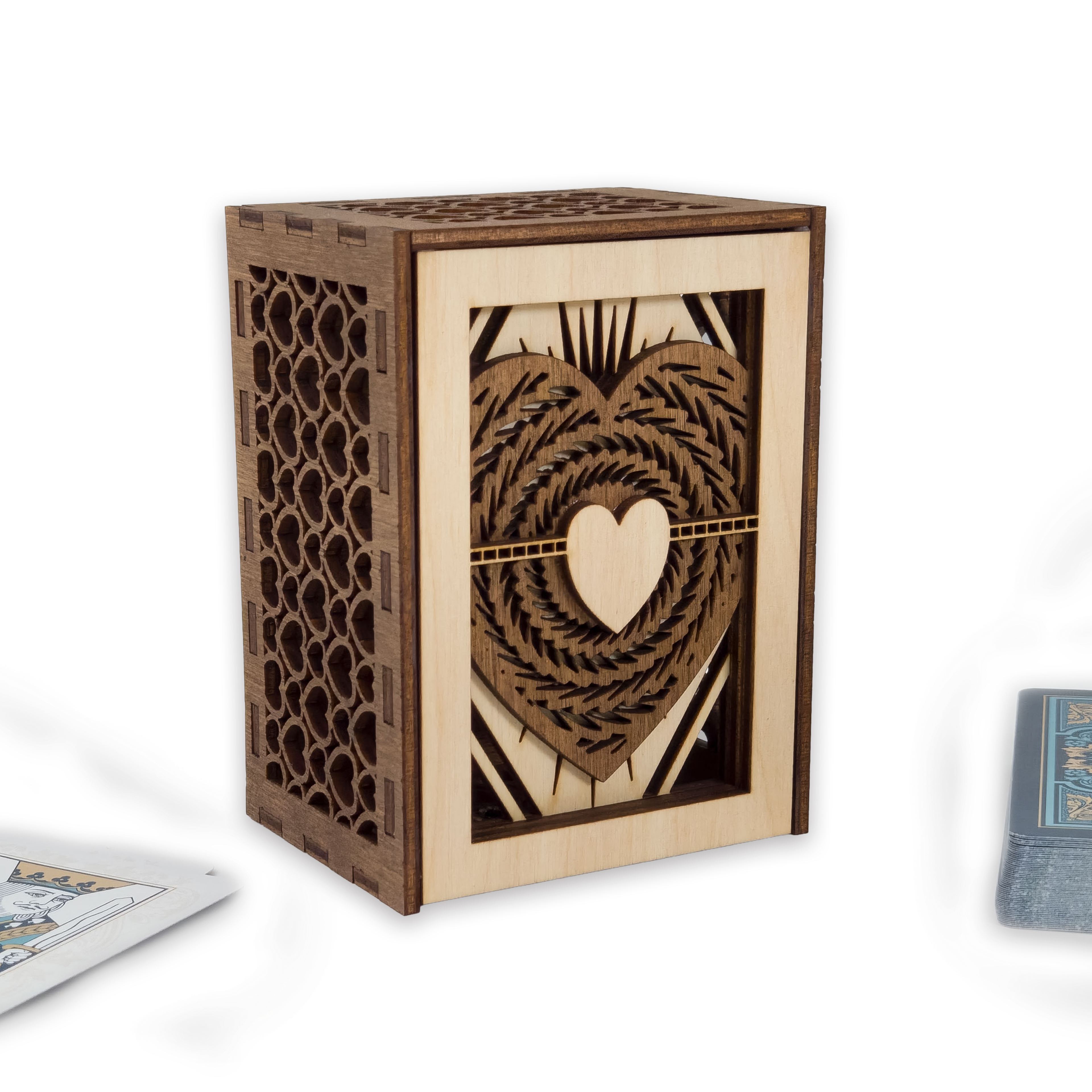 Laser-cut ace of hearts poker card box, walnut & maple birch plywood