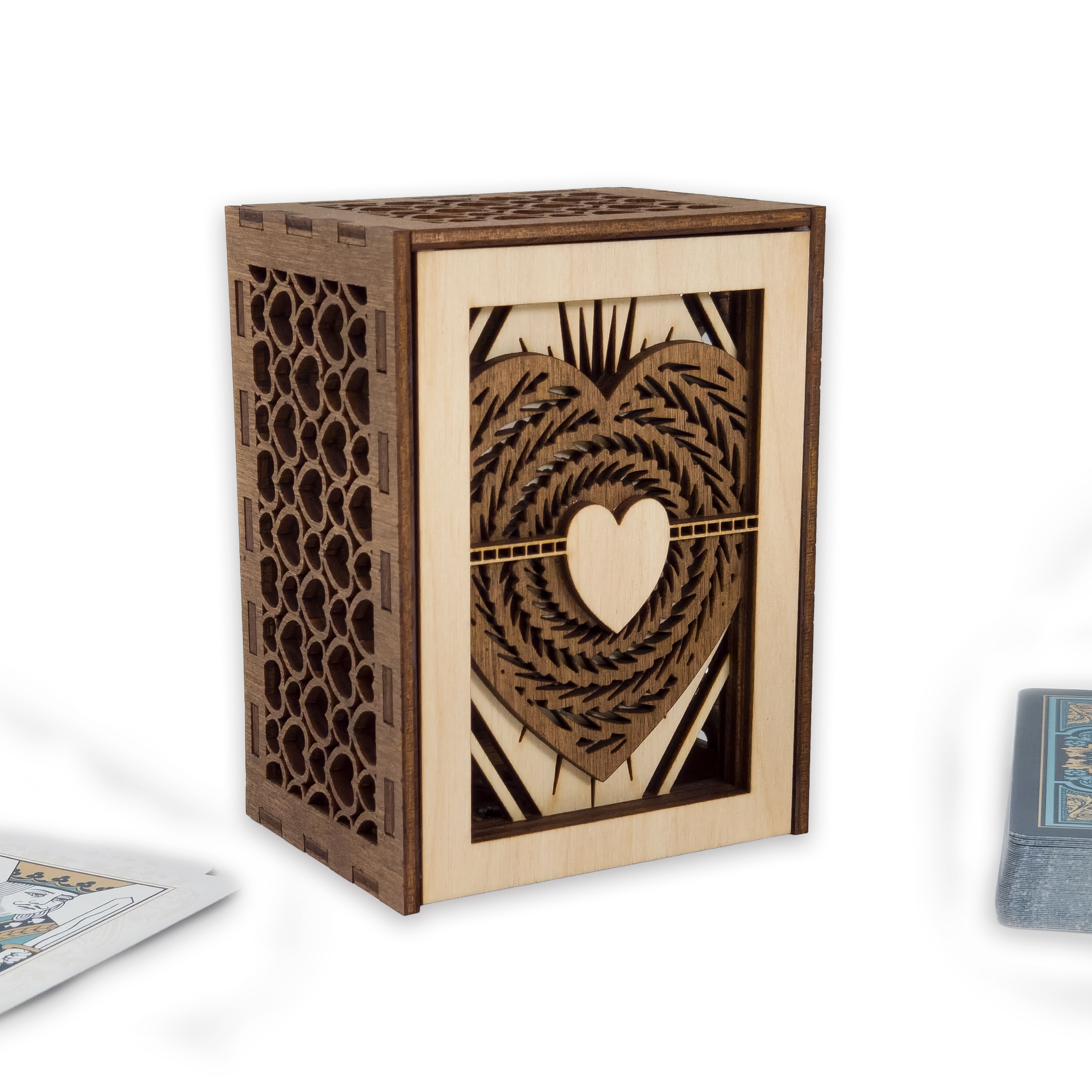 Laser-cut ace of hearts poker card box, walnut & maple birch plywood