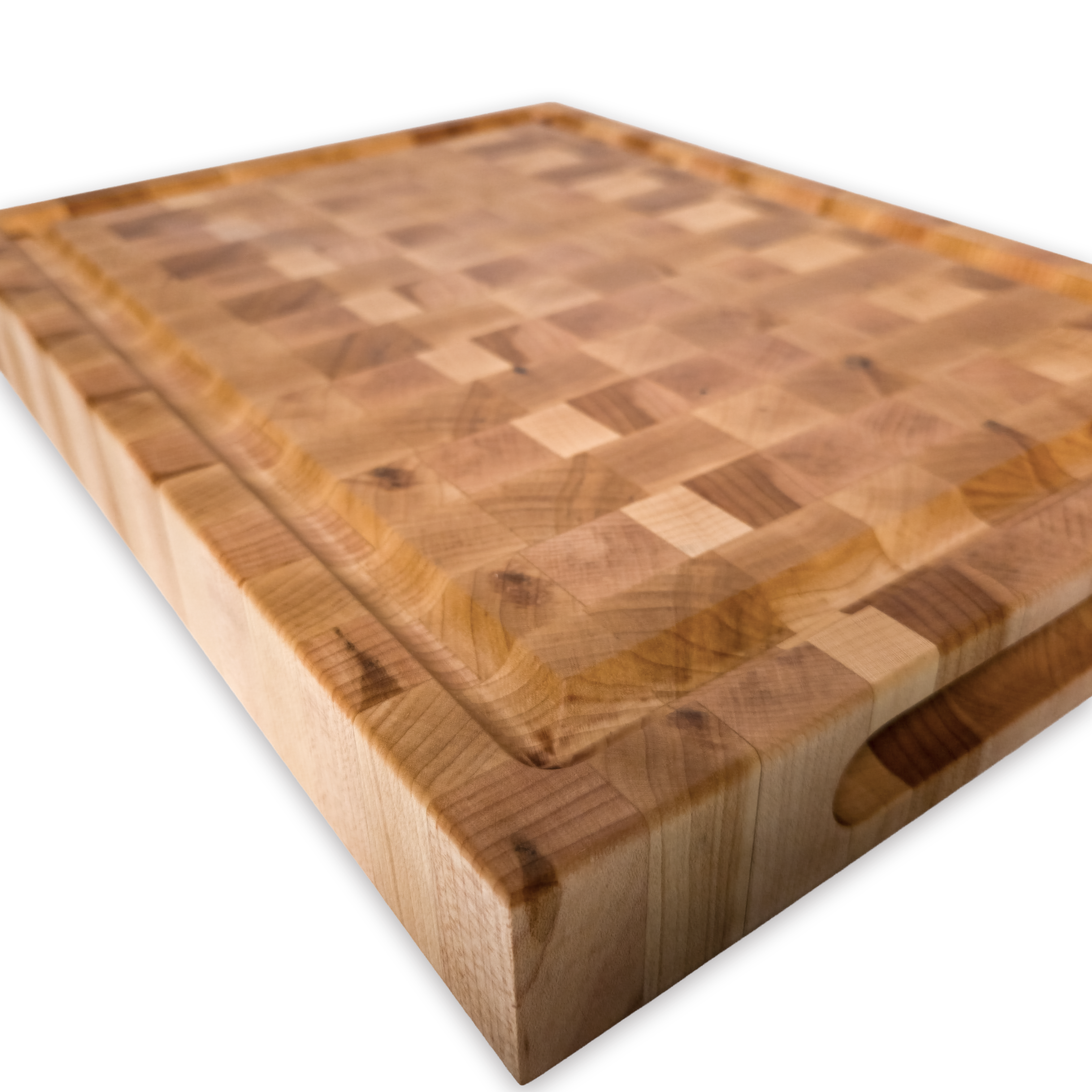Maple end grain butcher block cutting board with juice groove — 12 × 9 in