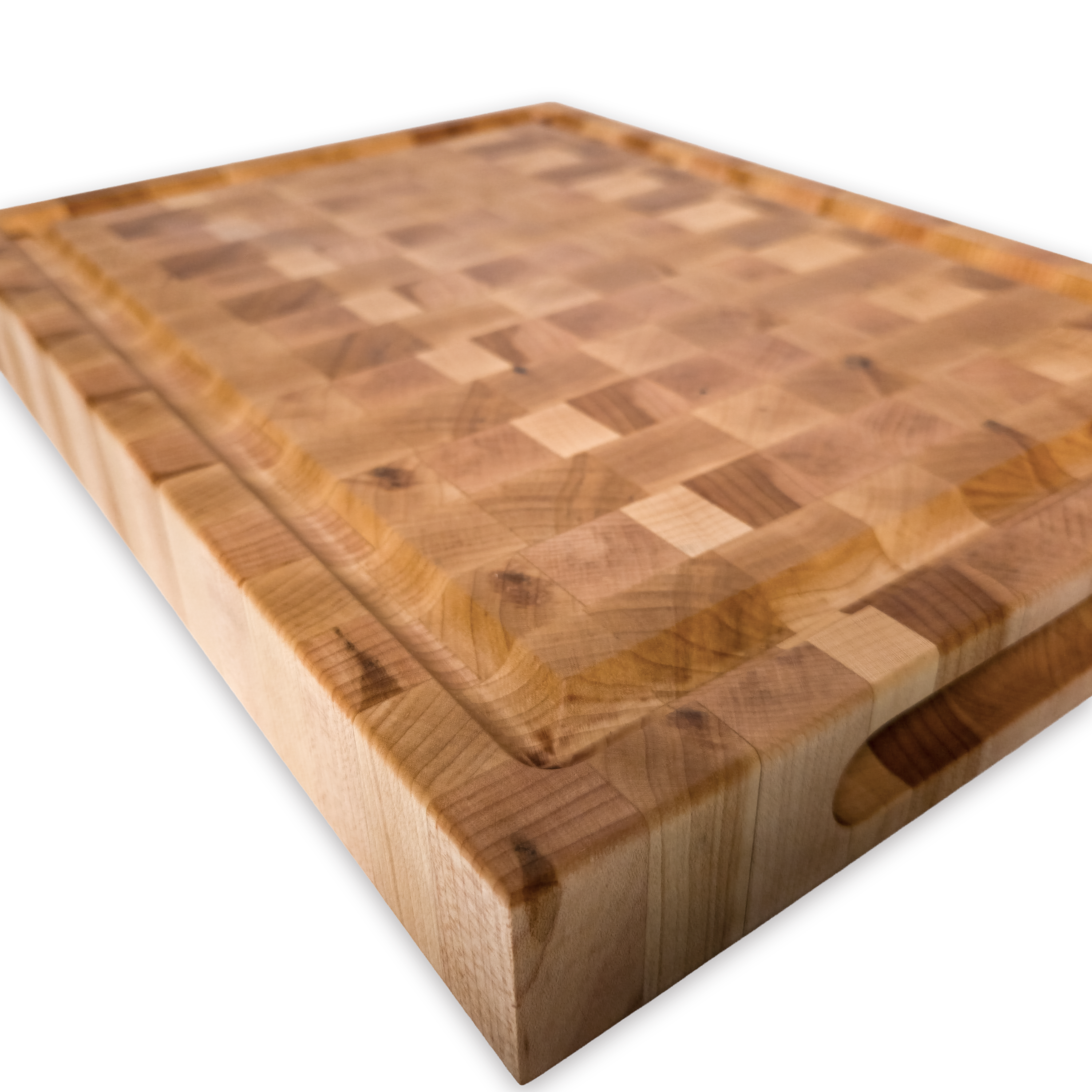Maple end grain butcher block cutting board with juice groove — 12 × 9 in
