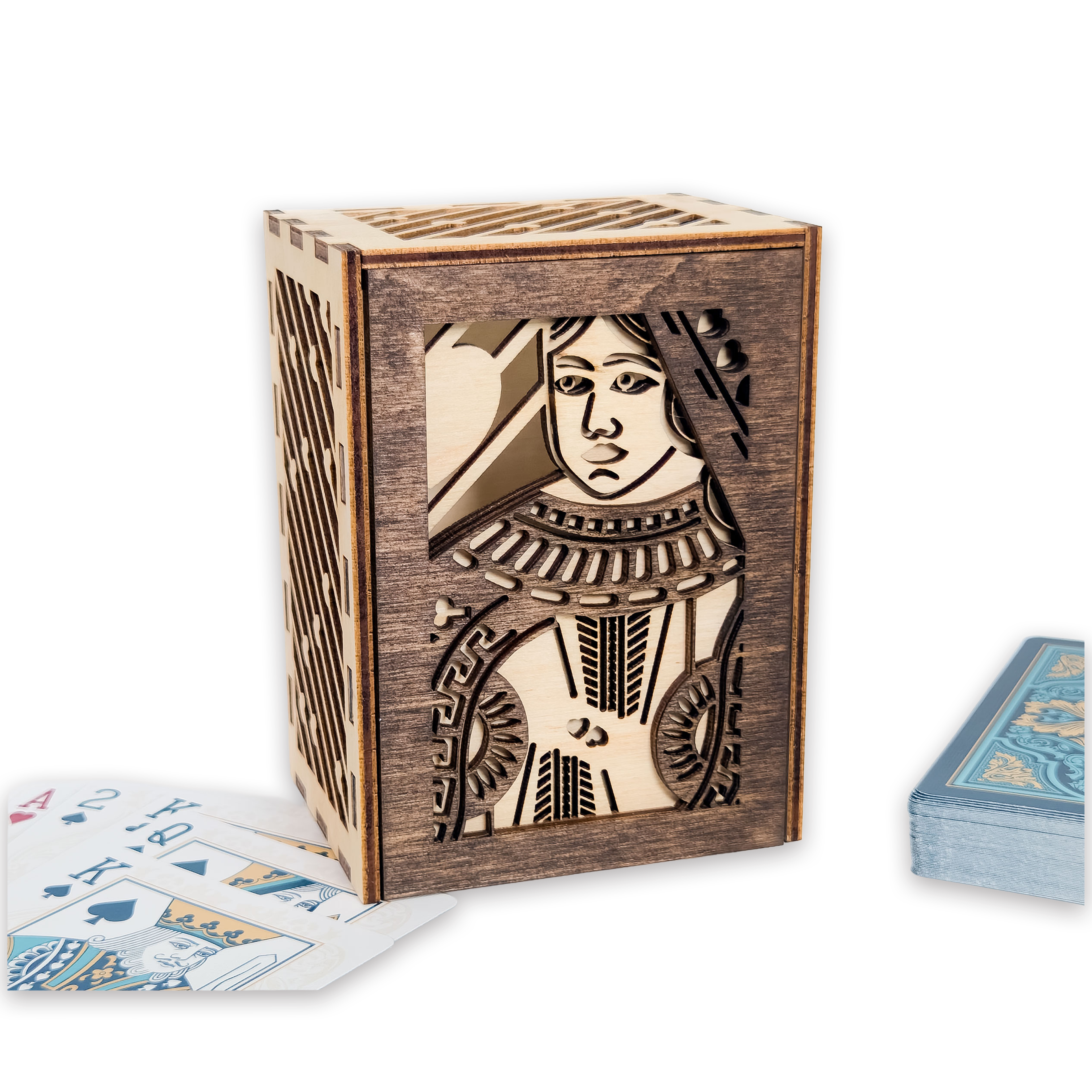 Laser-cut queen of hearts poker card box, walnut & maple birch plywood