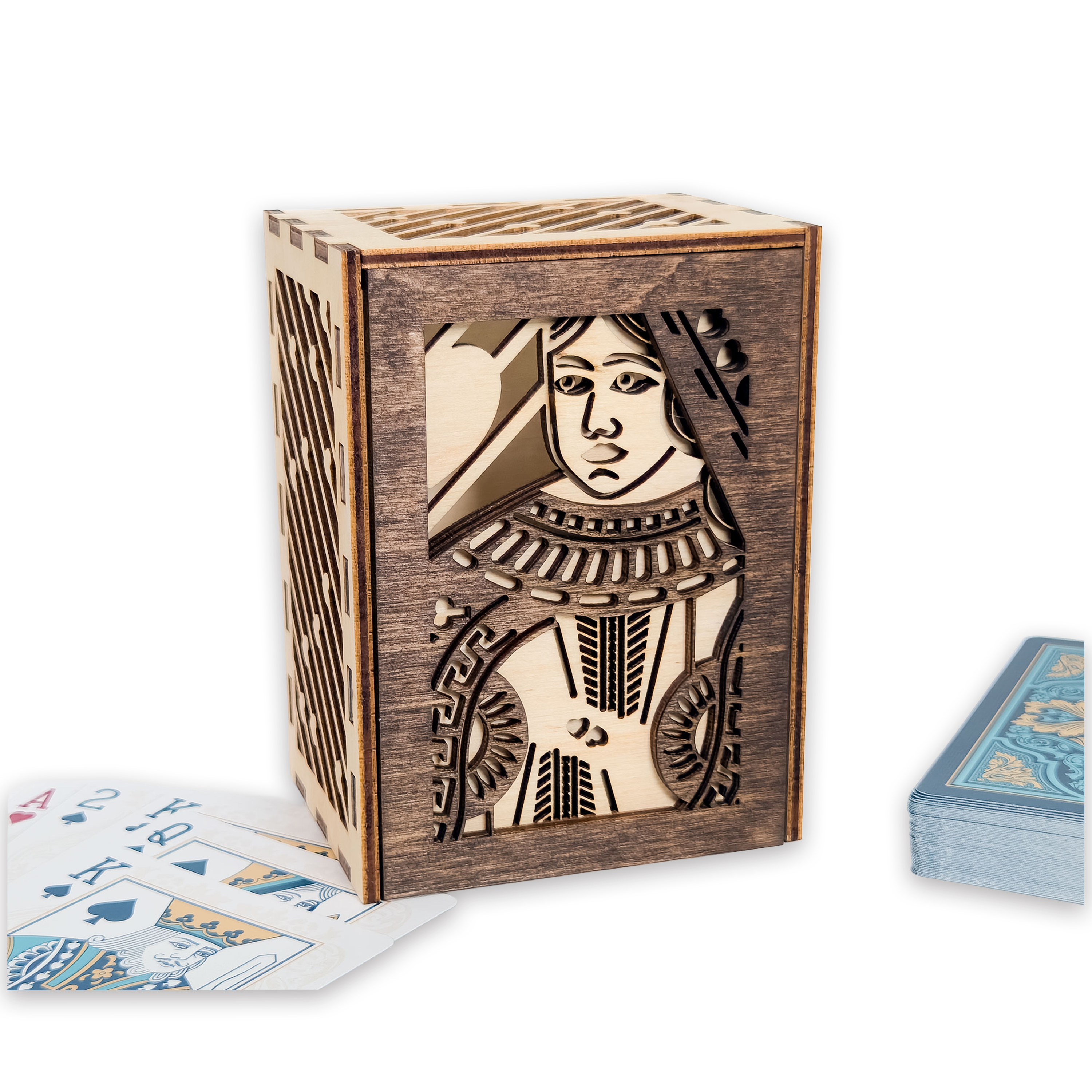 Laser-cut queen of hearts poker card box, walnut & maple birch plywood