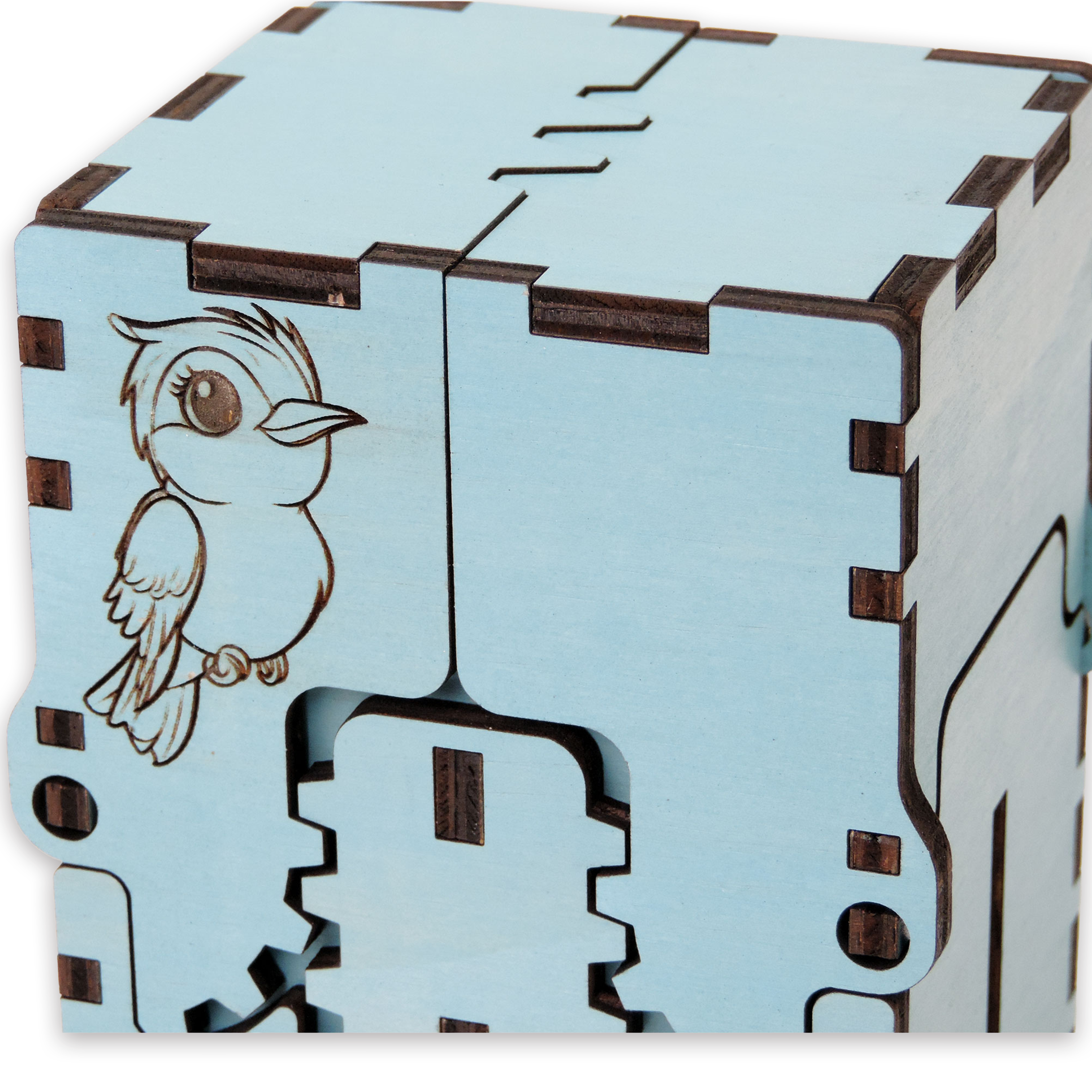 Laser-cut bird whisperer box, turquoise-painted birch plywood