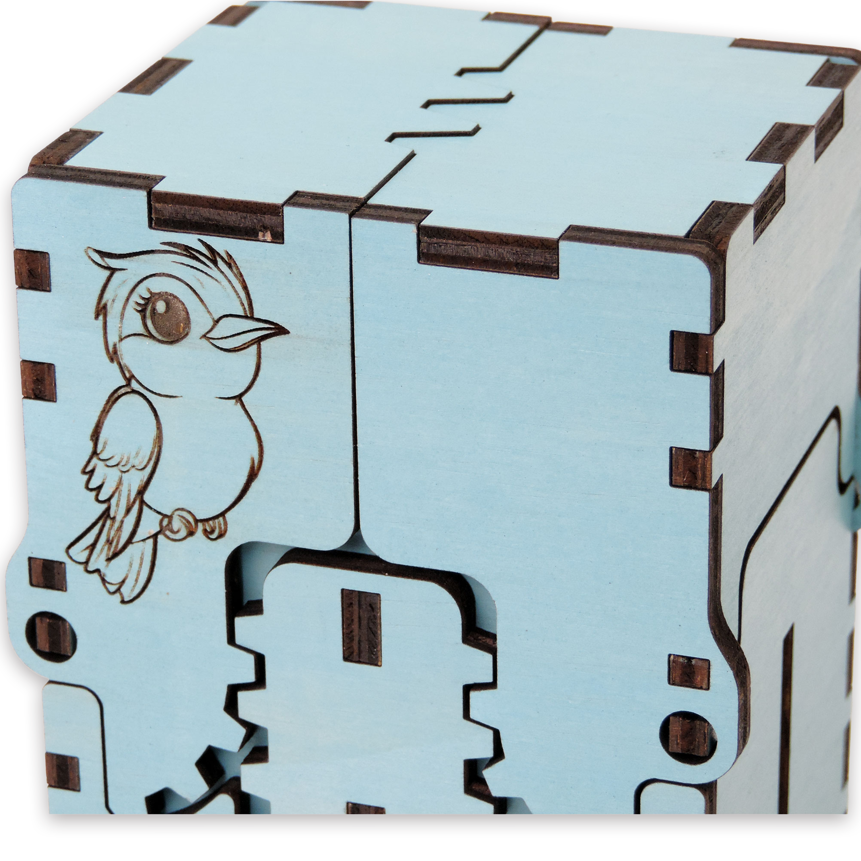 Laser-cut bird whisperer box, turquoise-painted birch plywood