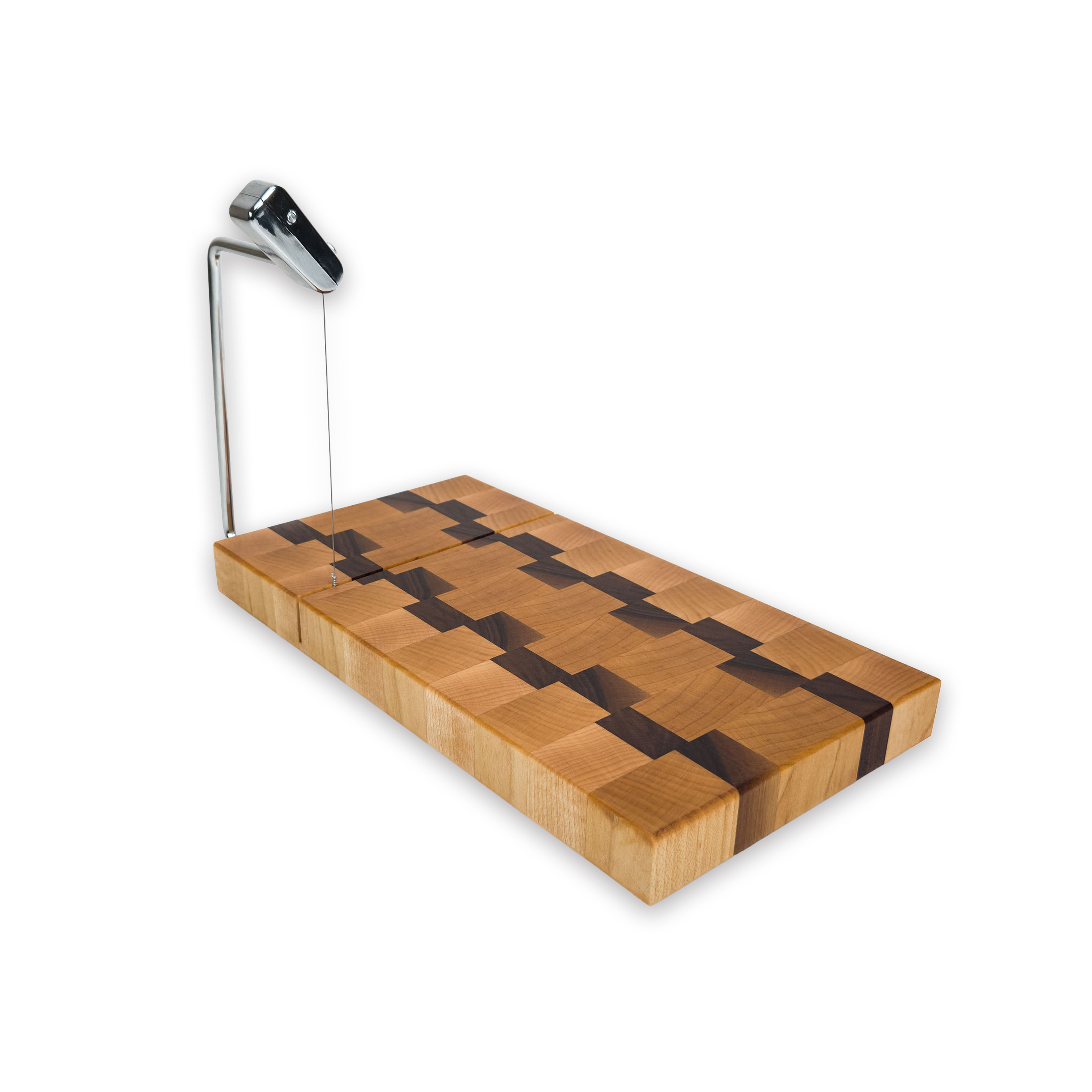 End grain maple & walnut cheese slicer board with wire cutter, oiled hardwood