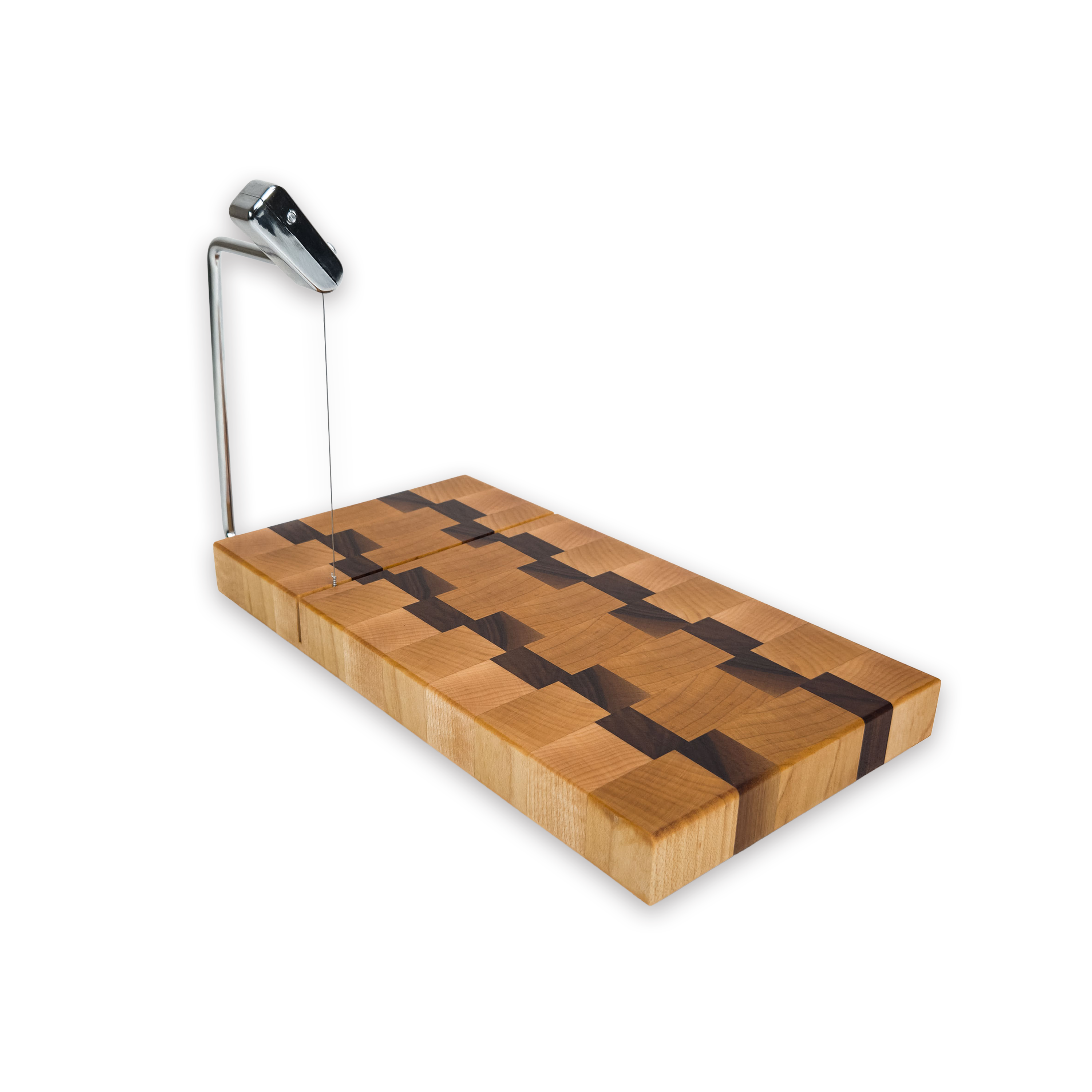 End grain maple & walnut cheese slicer board with wire cutter, oiled hardwood