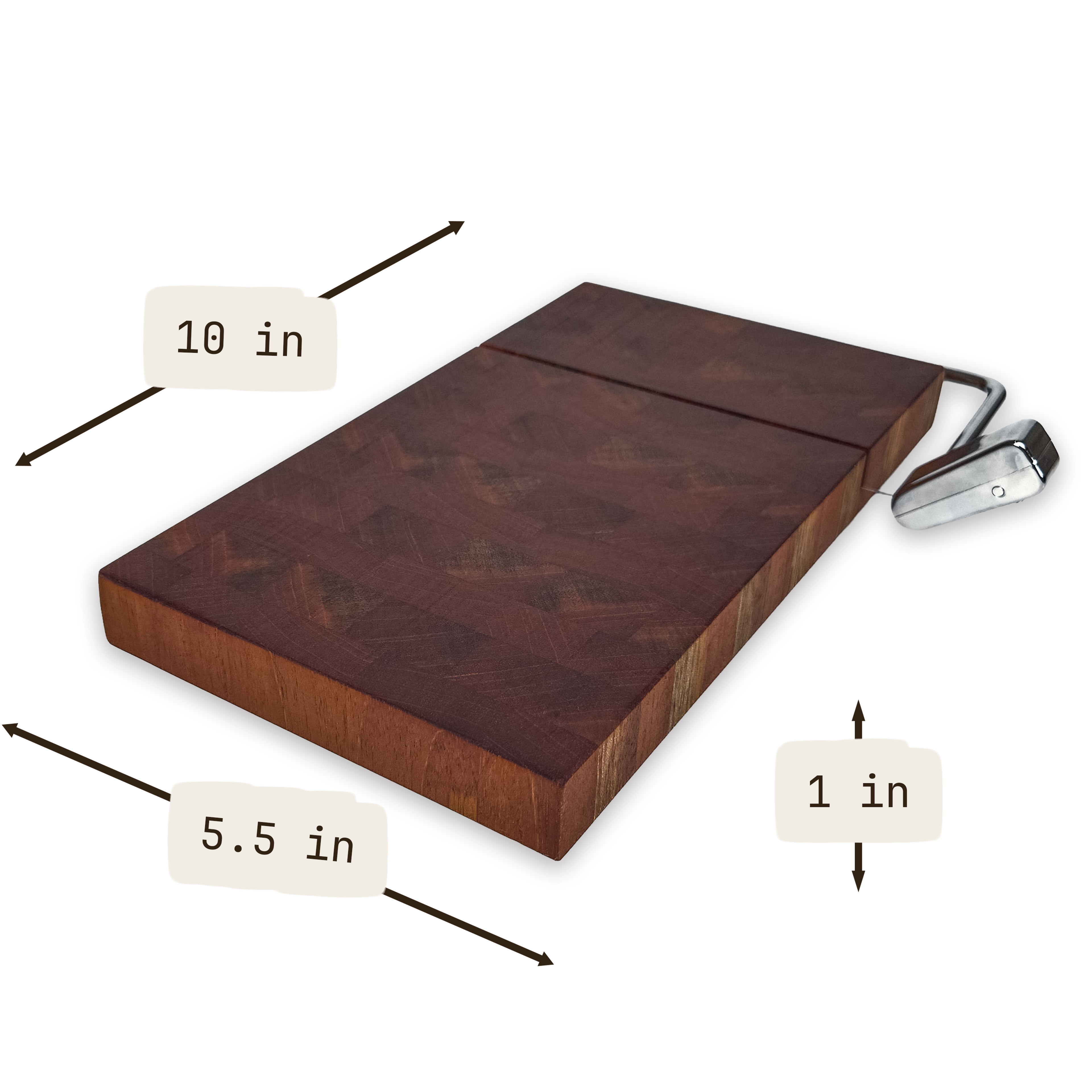 End grain walnut cheese slicer board with wire cutter, oiled hardwood