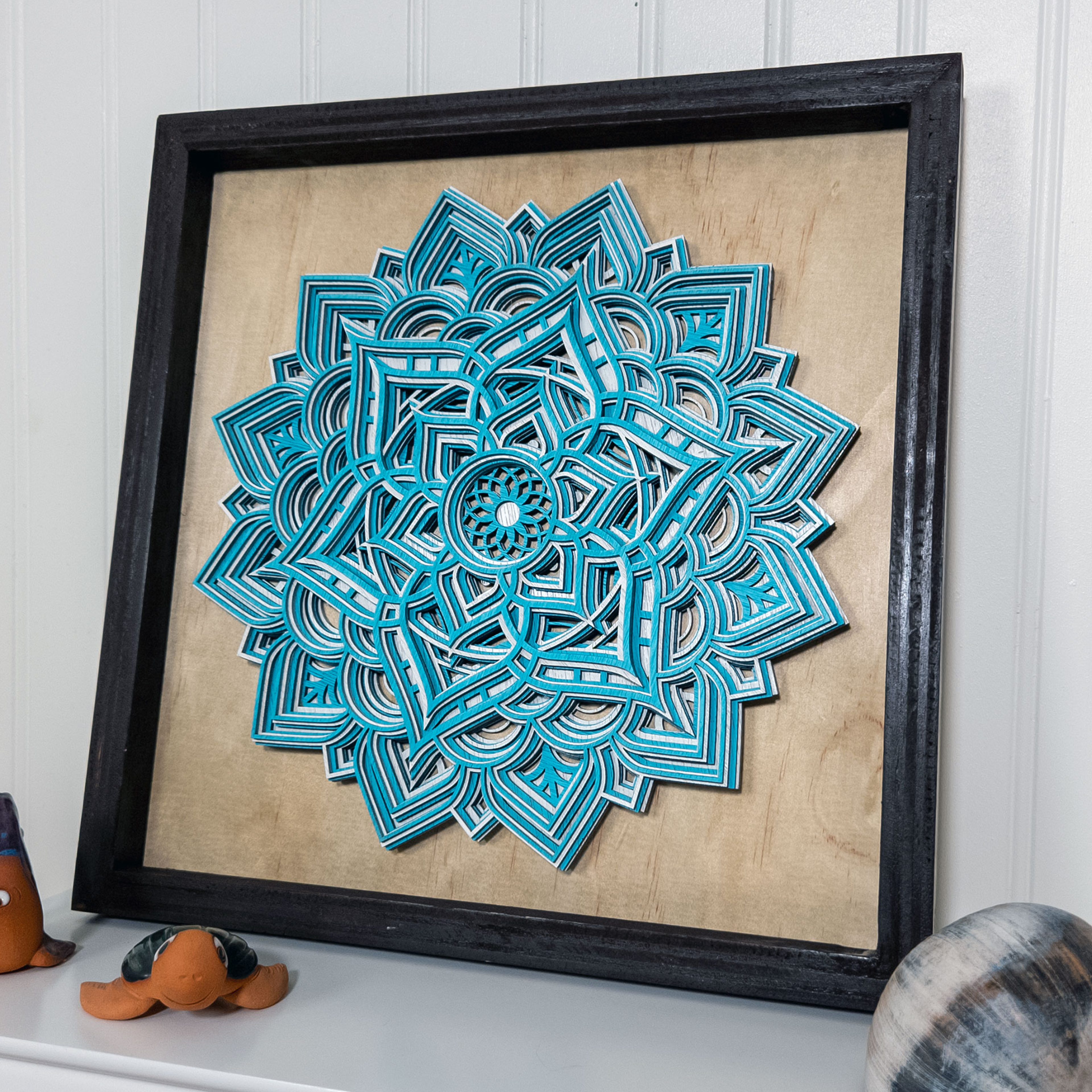 Multilayer 3D laser-cut lotus mandala wall art, Baltic Birch Plywood — blue & white (13 × 13 in)