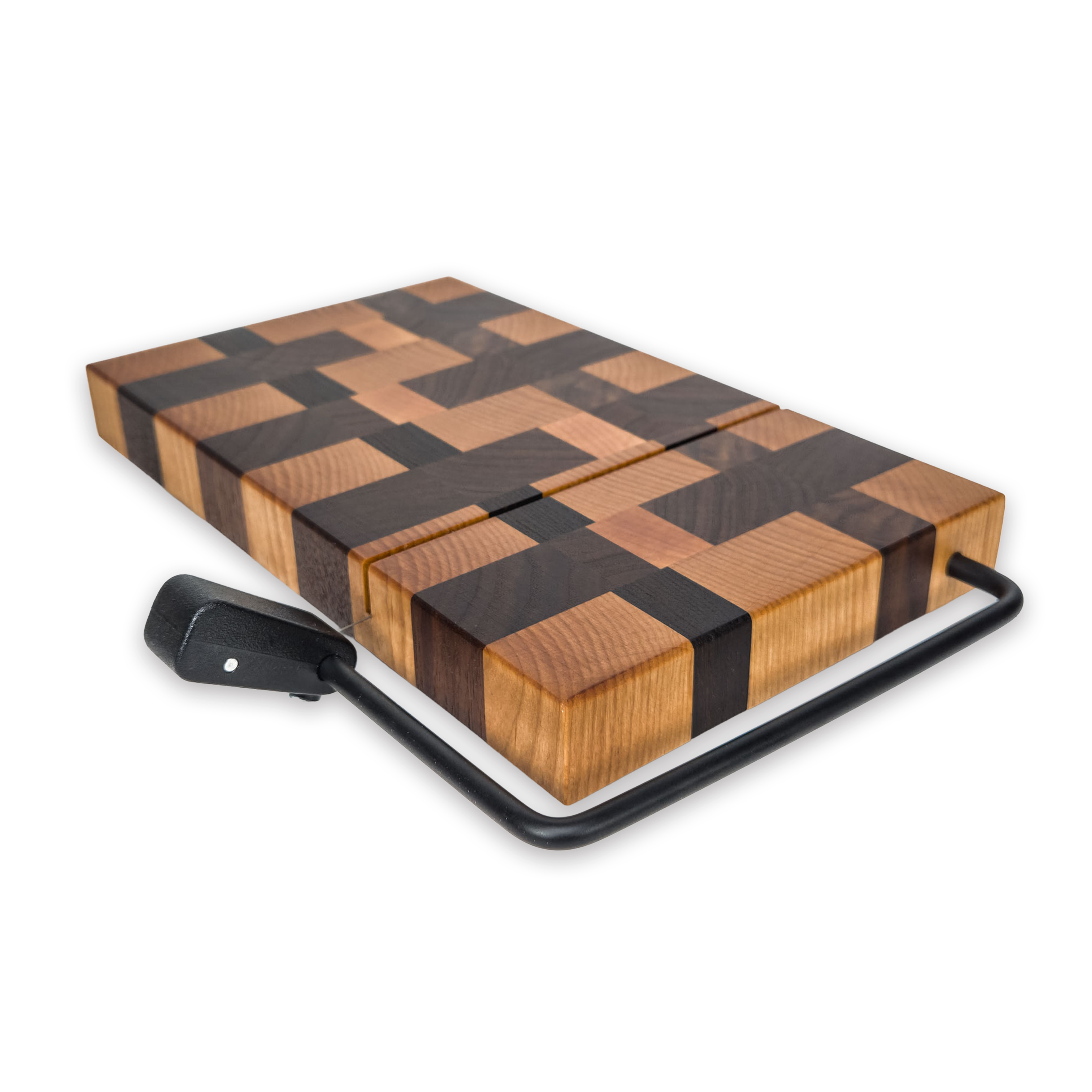 End grain maple & walnut cheese slicer board with wire cutter, oiled hardwood
