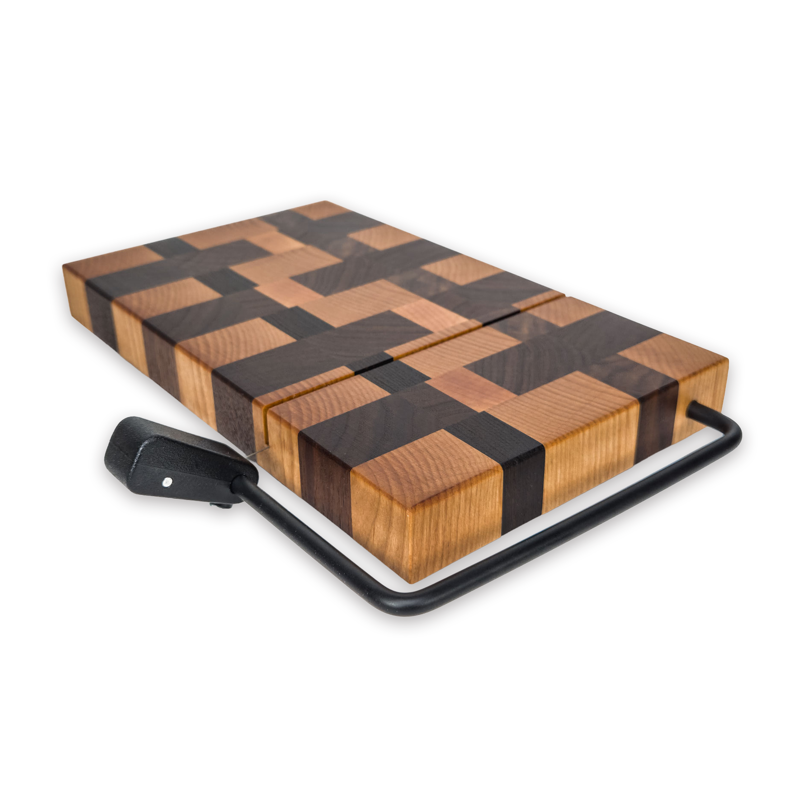 End grain maple & walnut cheese slicer board with wire cutter, oiled hardwood