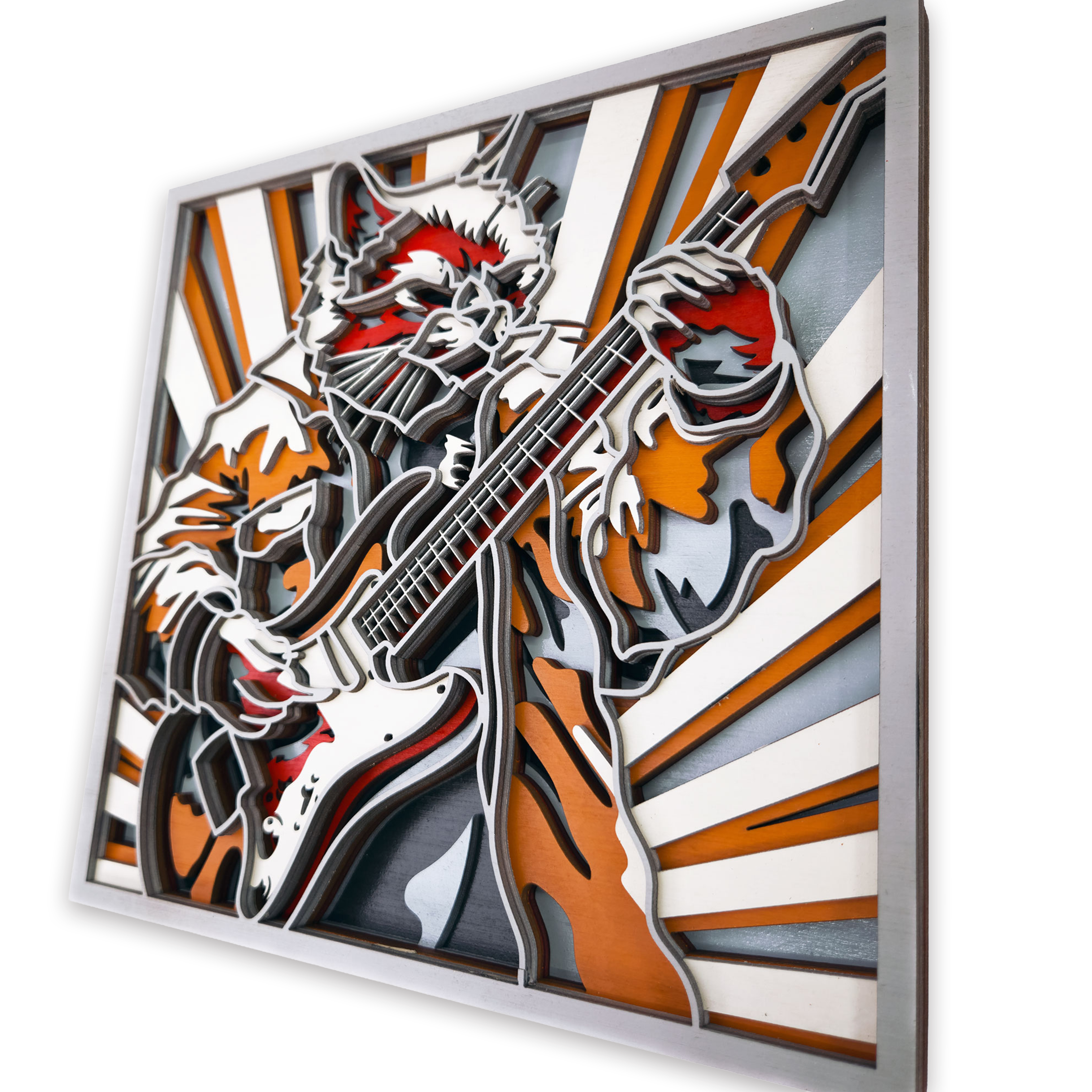 Multilayer 3D laser-cut guitar cat wall art, Baltic Birch Plywood