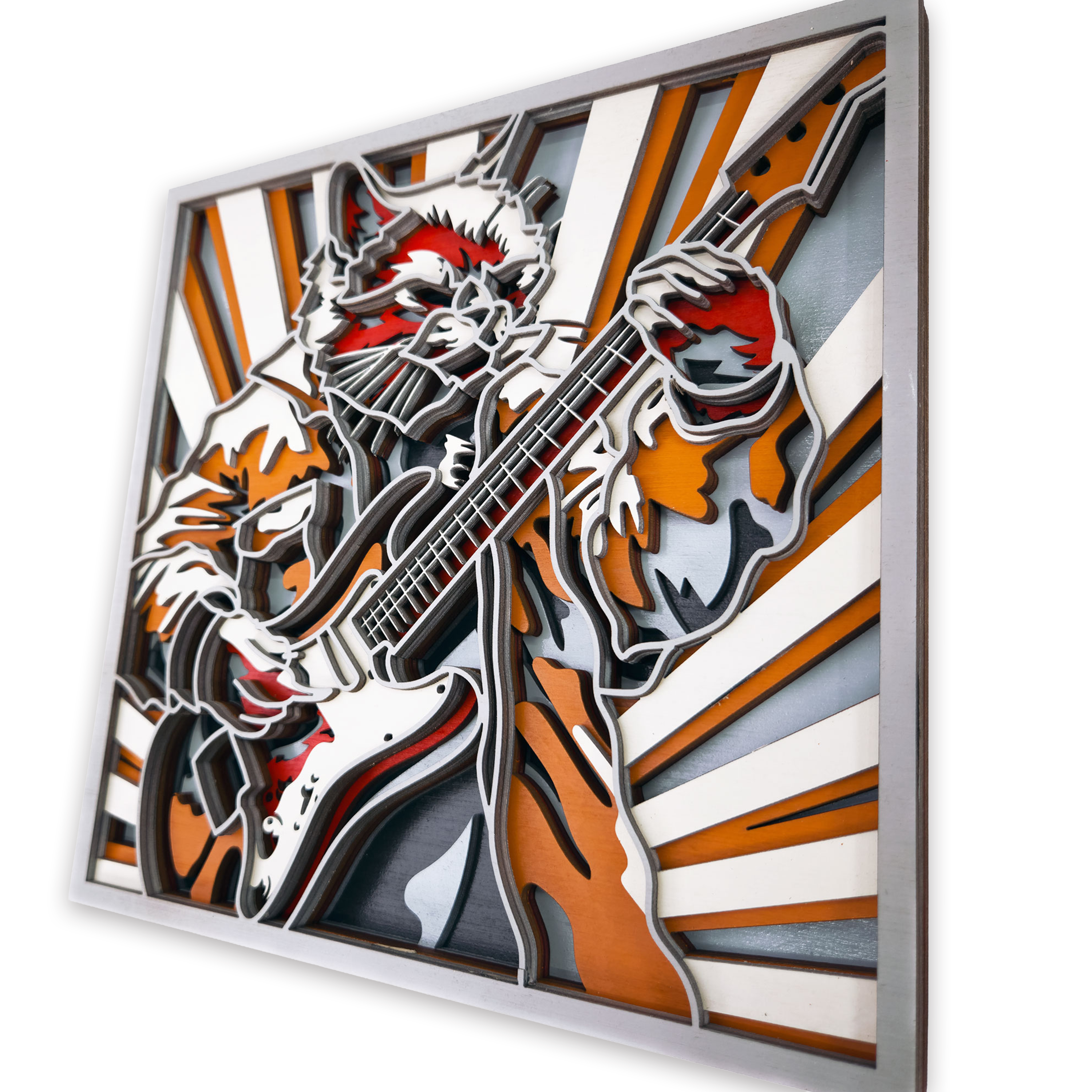 Multilayer 3D laser-cut guitar cat wall art, Baltic Birch Plywood