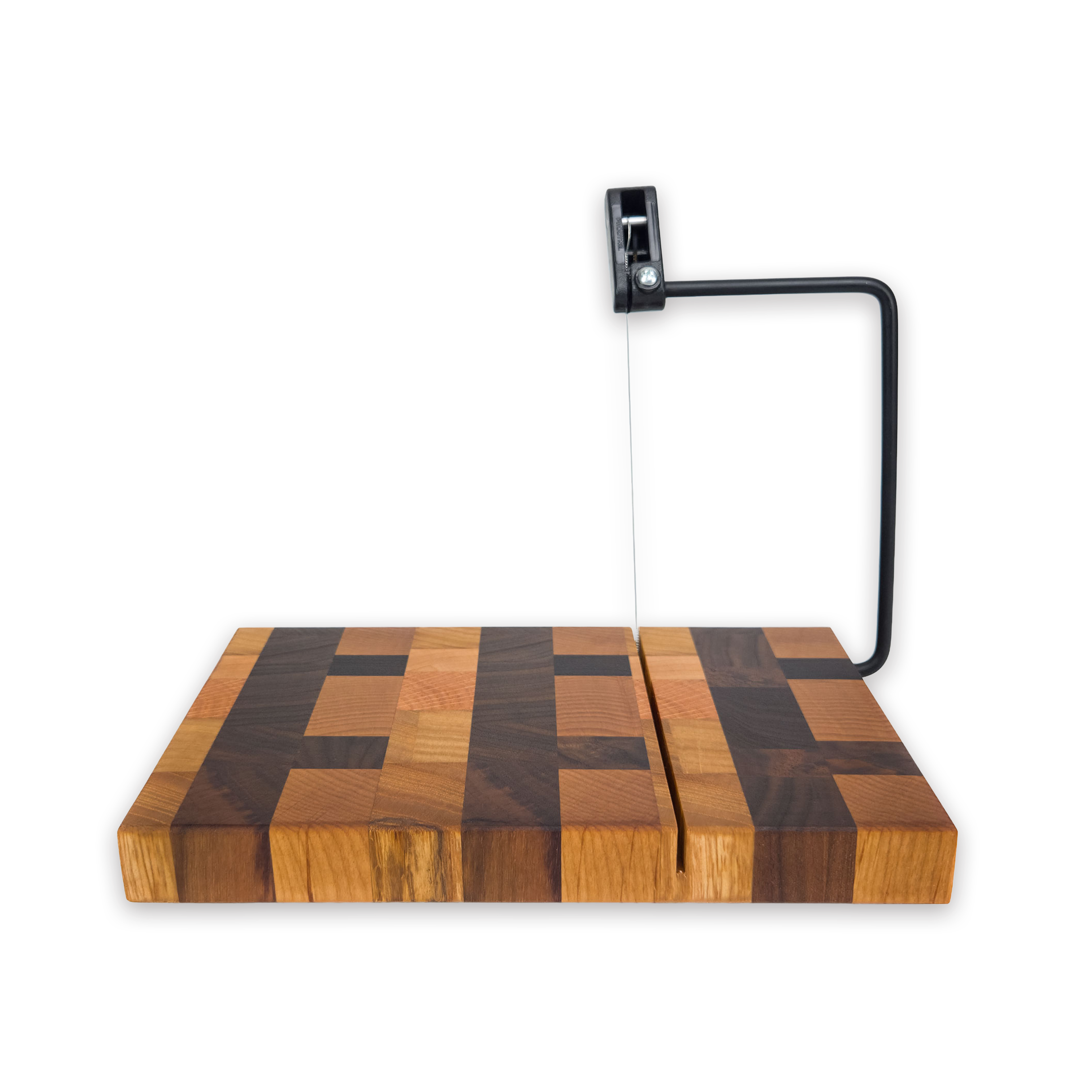 End grain oak, cherry & walnut cheese slicer board with wire cutter, oiled hardwood