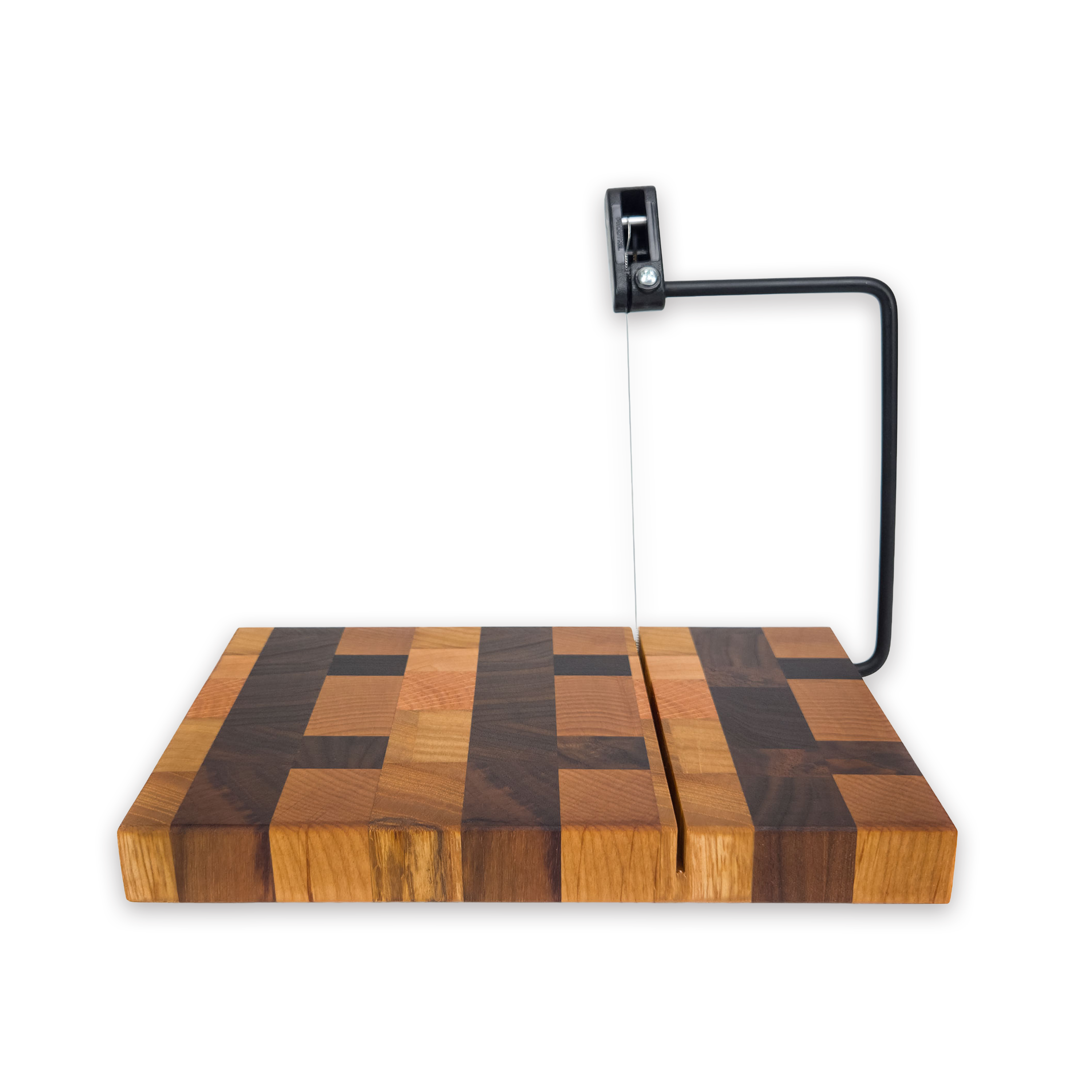 End grain oak, cherry & walnut cheese slicer board with wire cutter, oiled hardwood