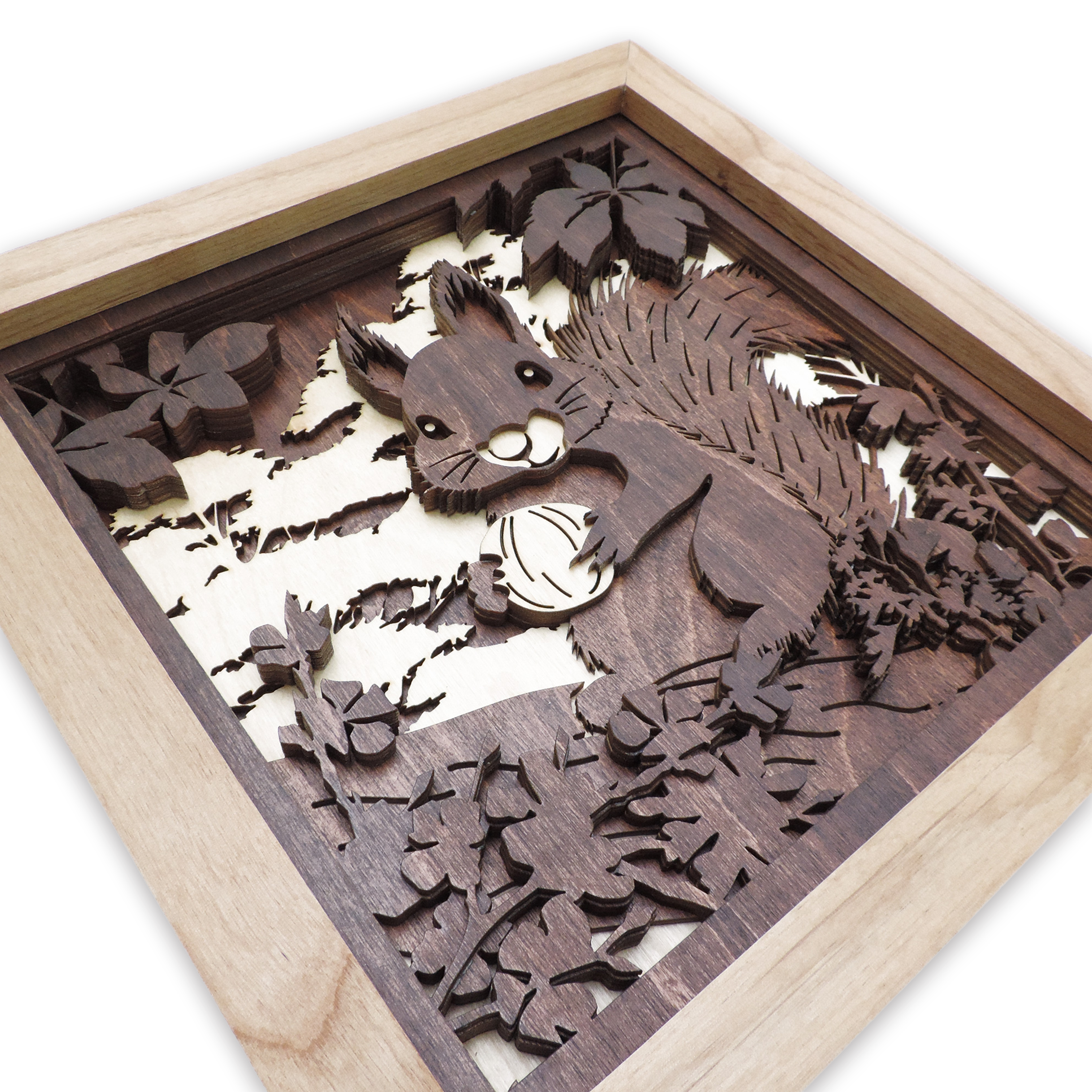 Multilayer 3D laser-cut squirrel wall art, Baltic Birch Plywood
