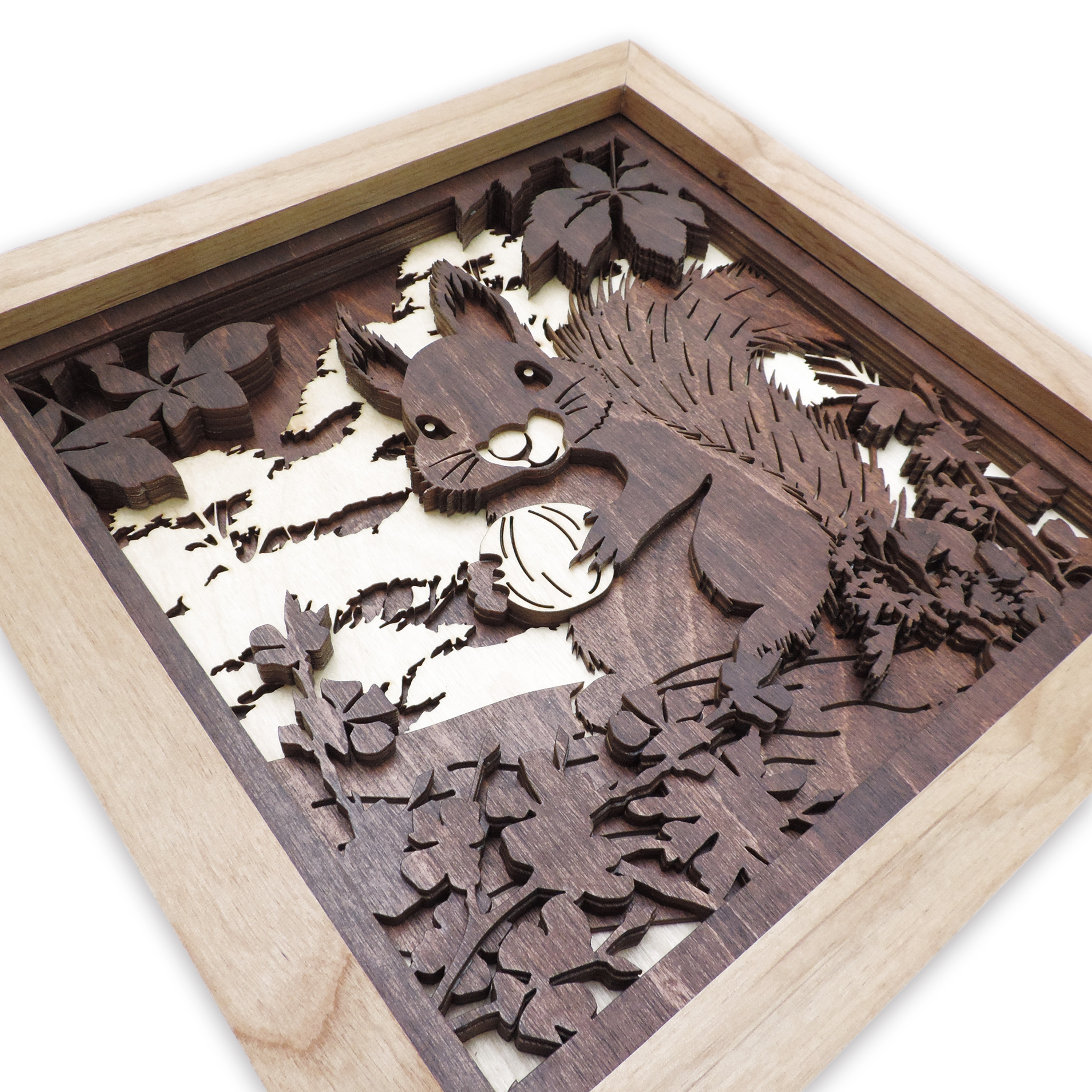 Multilayer 3D laser-cut squirrel wall art, Baltic Birch Plywood