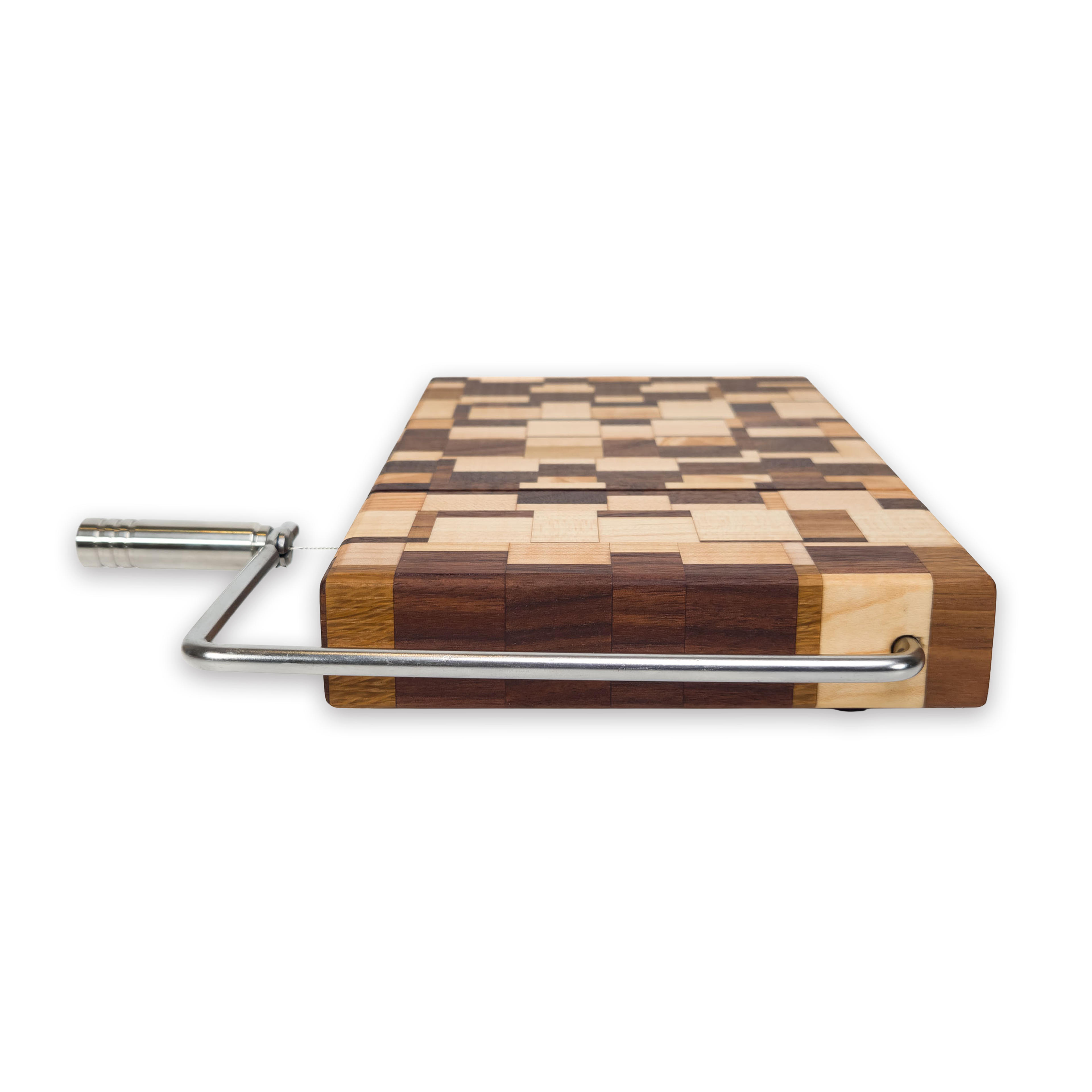 Edge grain maple & walnut cheese slicer board with wire cutter, oiled hardwood