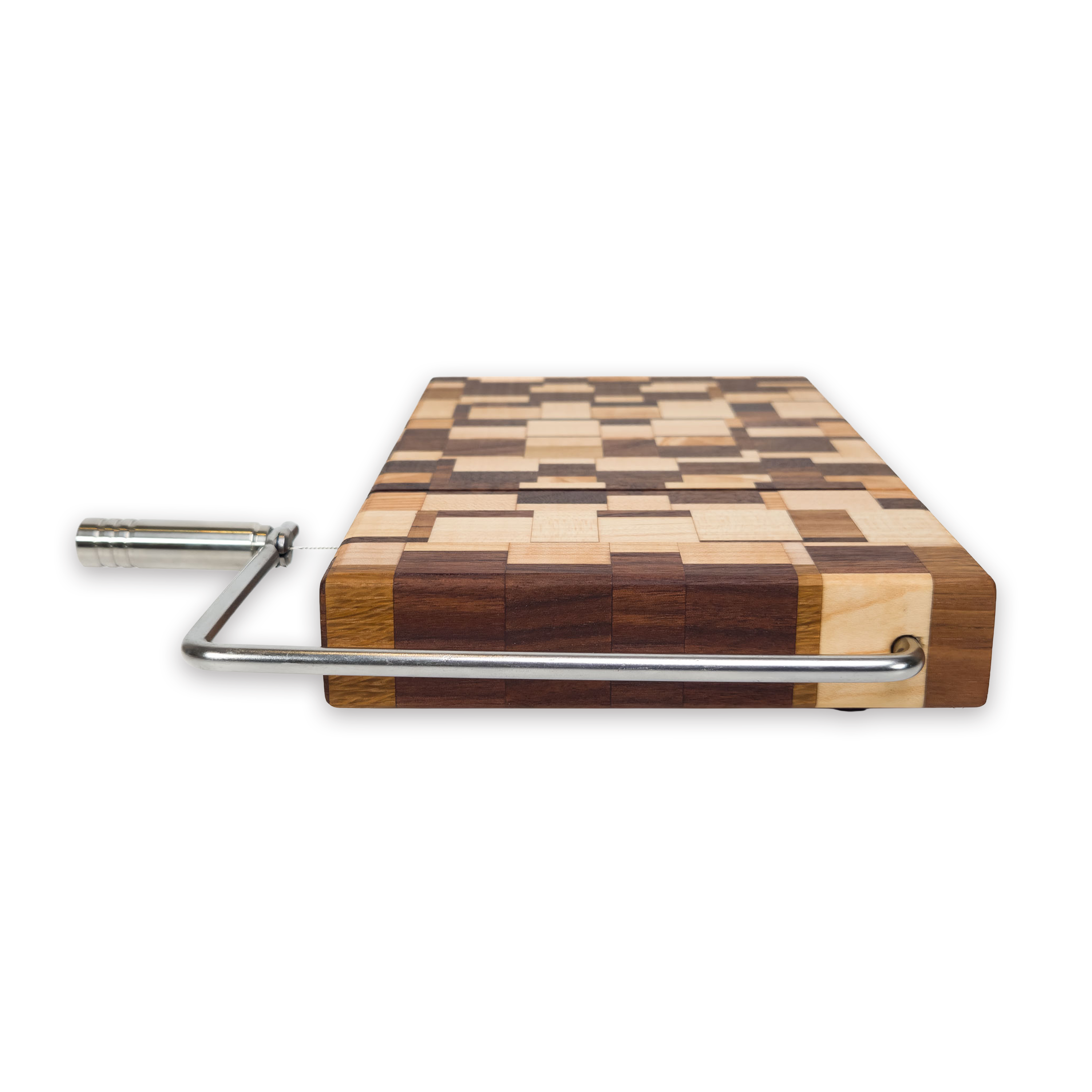 Edge grain maple & walnut cheese slicer board with wire cutter, oiled hardwood