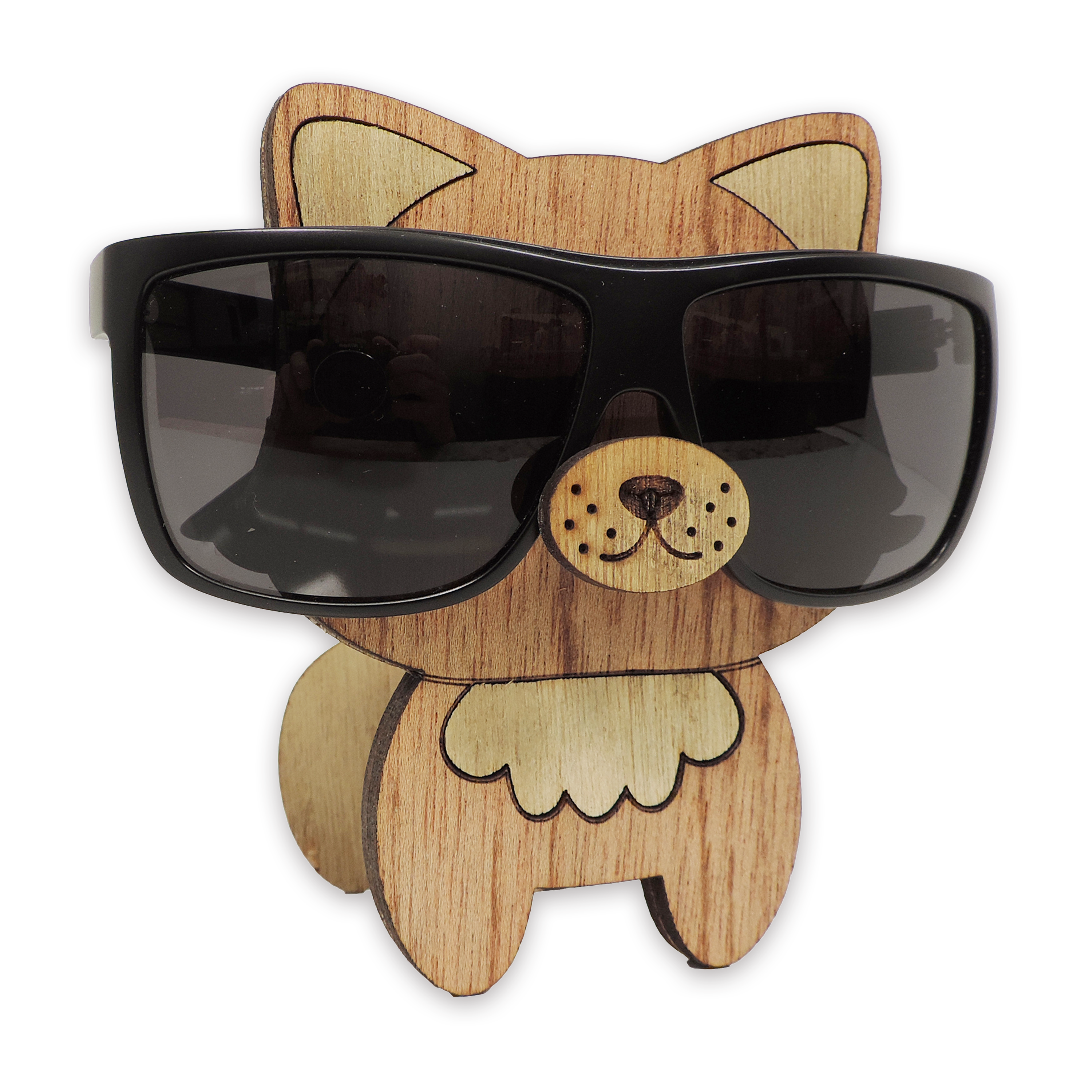 Laser-cut cat glasses holder, 5 mm plywood — cherry, blank (3.5 × 5 in)