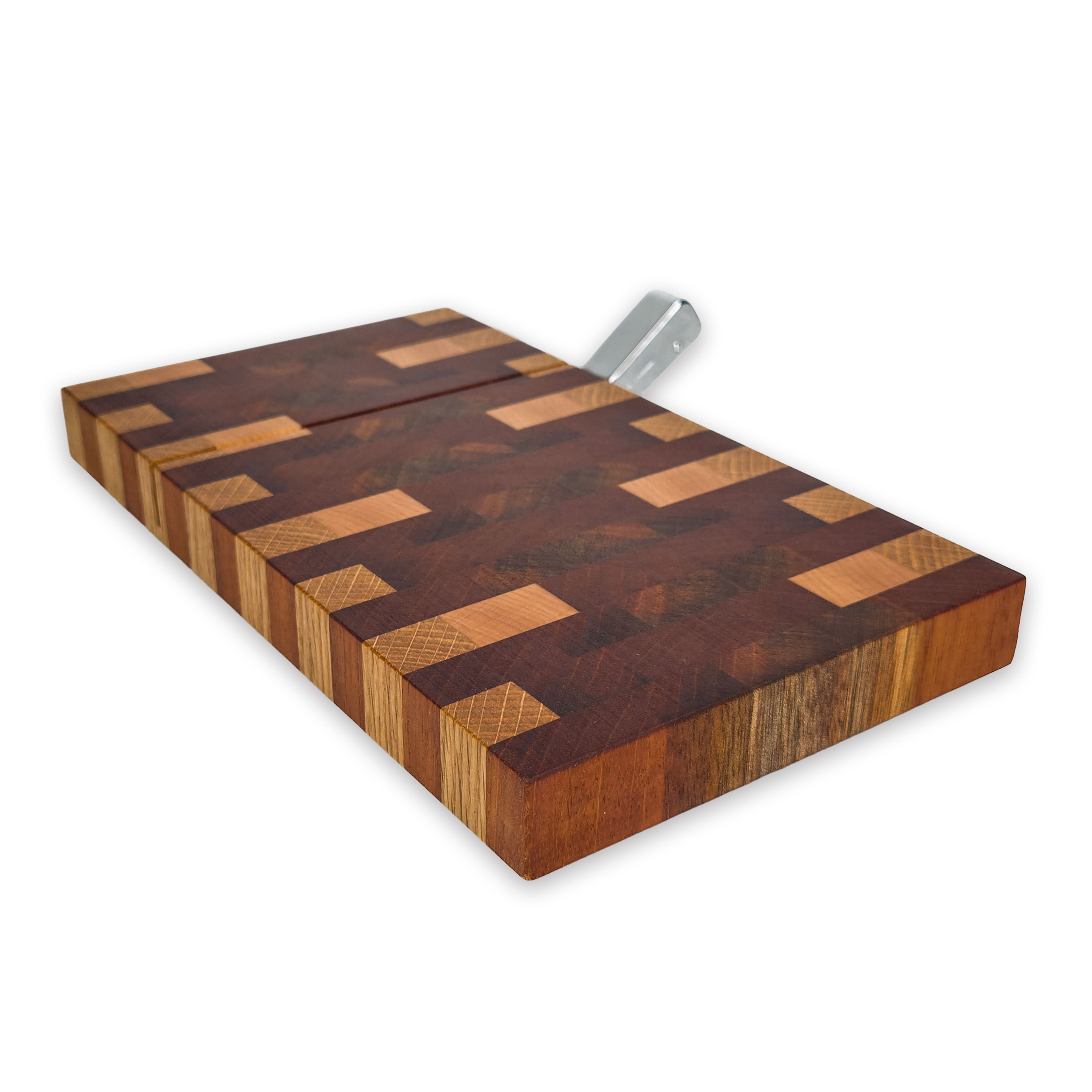 End grain oak, walnut & cherry mosaic cheese slicer board with wire cutter, oiled hardwood