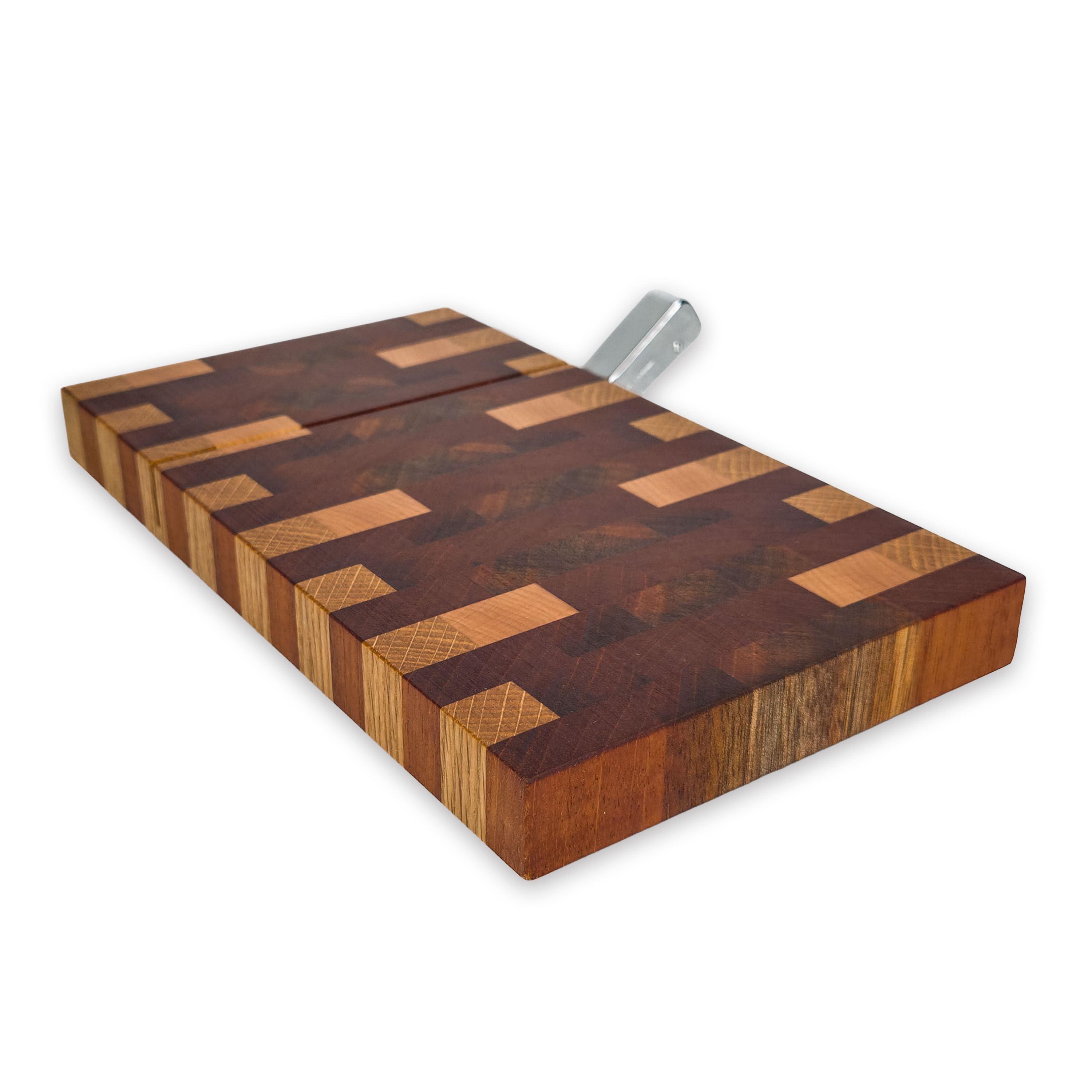 End grain oak, walnut & cherry mosaic cheese slicer board with wire cutter, oiled hardwood