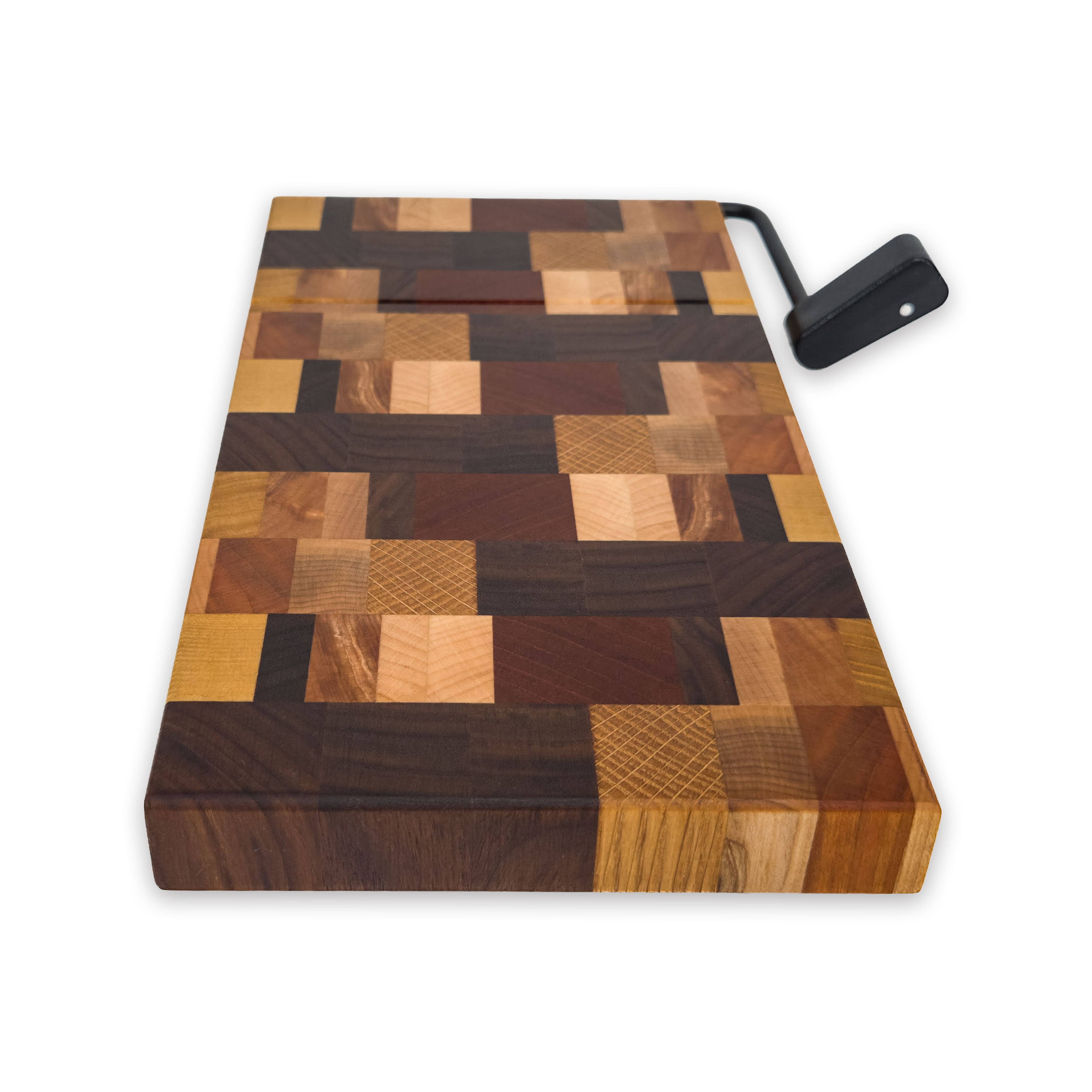 End grain dark mixed hardwood cheese slicer board with wire cutter, oiled hardwood