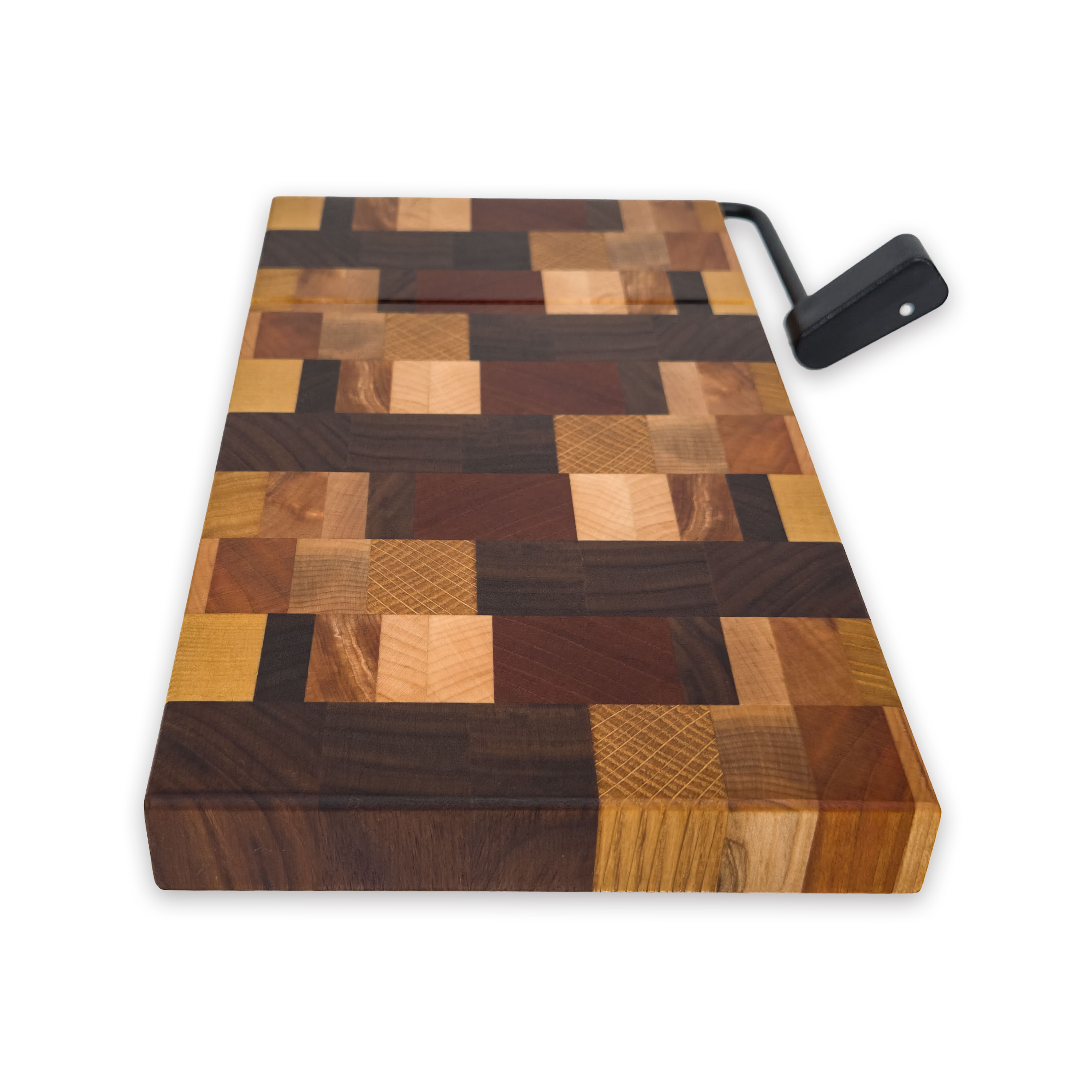 End grain dark mixed hardwood cheese slicer board with wire cutter, oiled hardwood