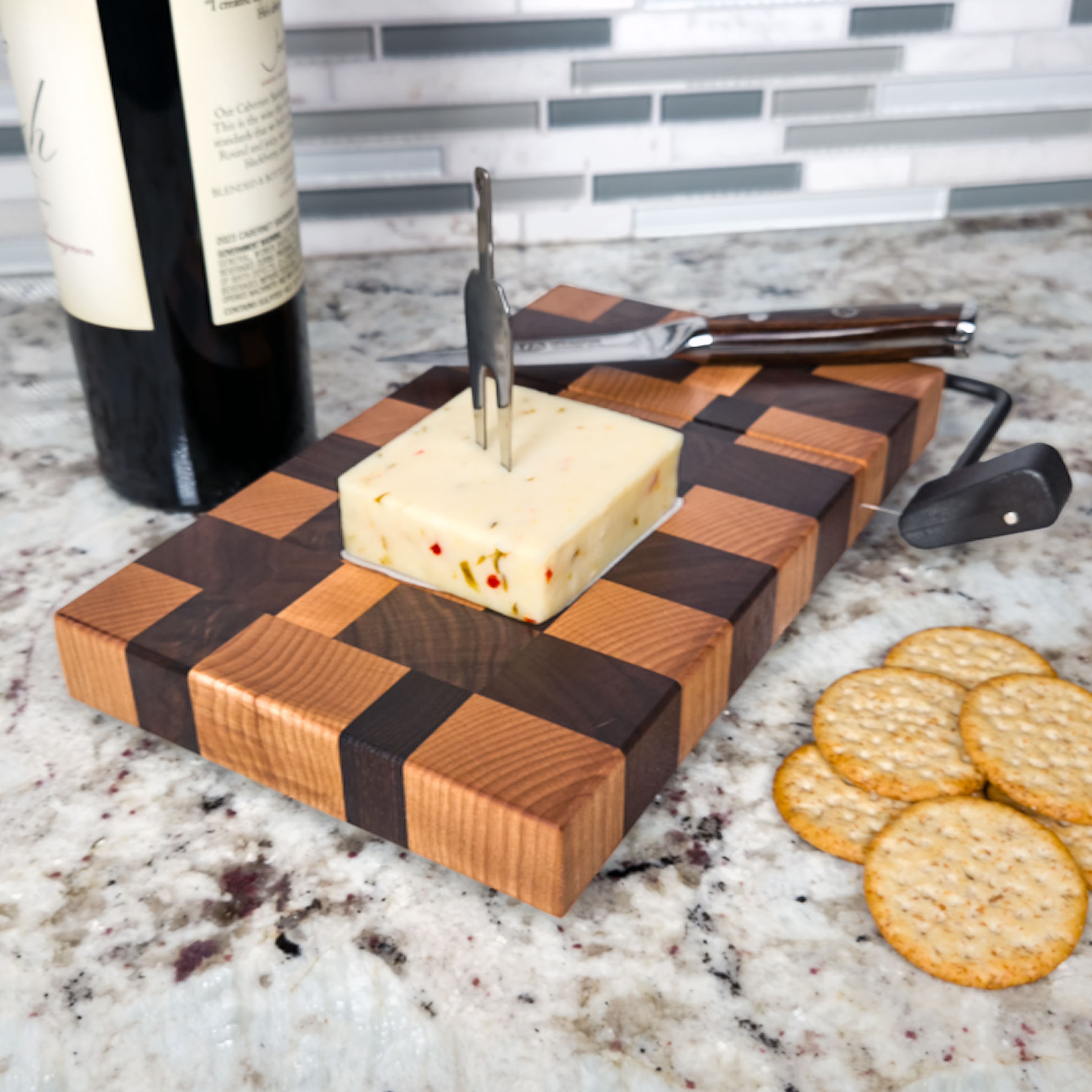 End grain maple & walnut cheese slicer board with wire cutter, oiled hardwood