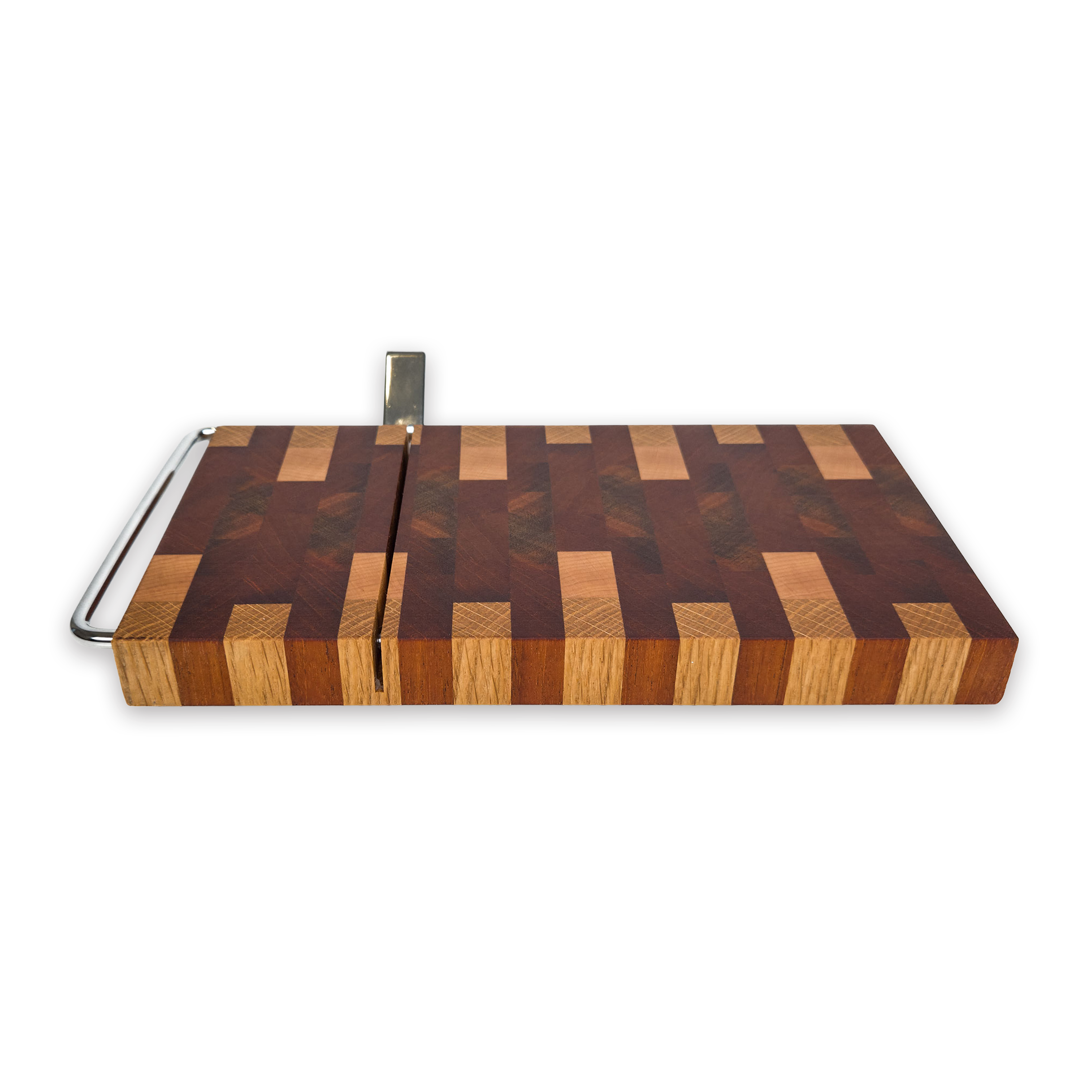 End grain oak, walnut & cherry mosaic cheese slicer board with wire cutter, oiled hardwood