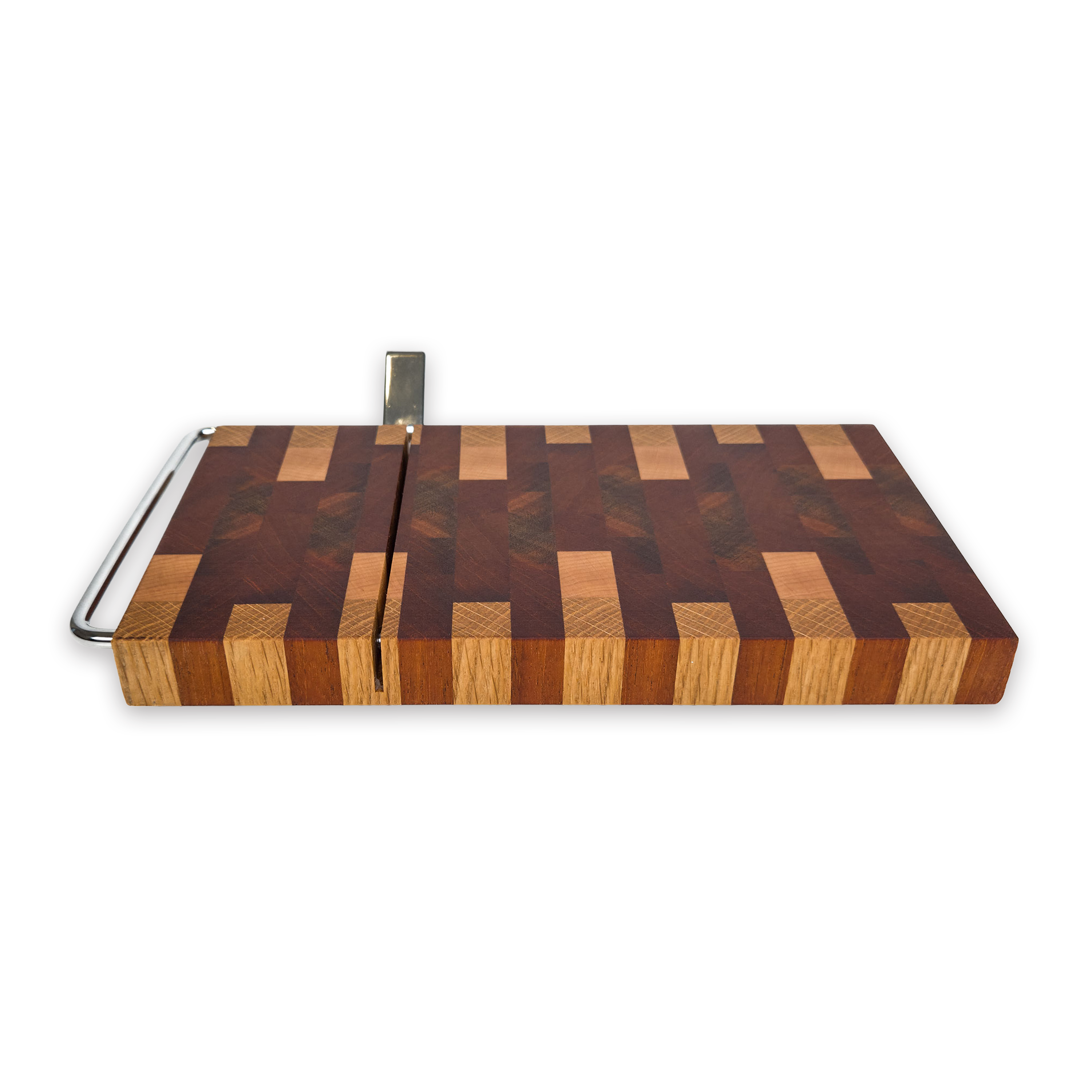 End grain oak, walnut & cherry mosaic cheese slicer board with wire cutter, oiled hardwood