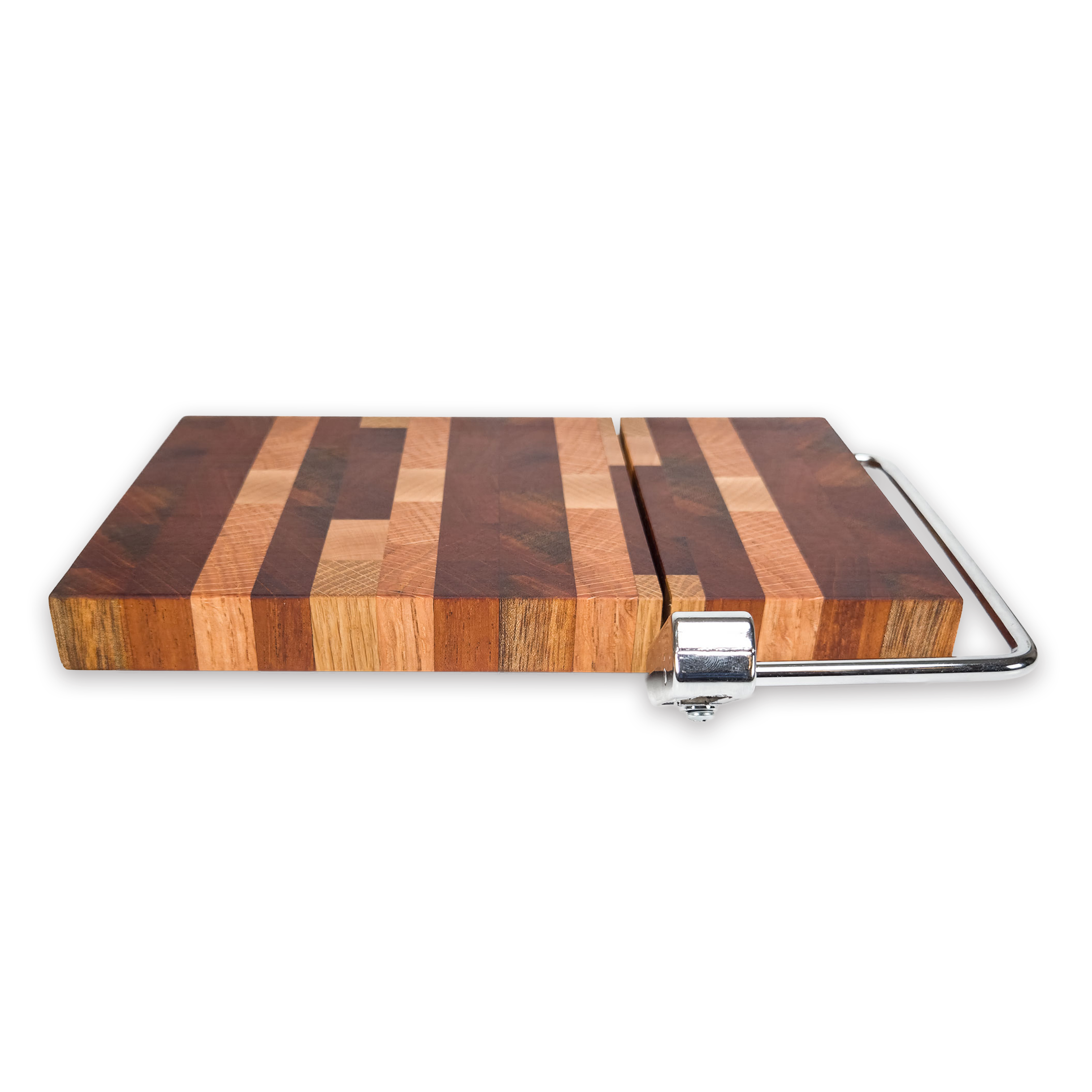 End grain oak, cherry & walnut cheese slicer board with wire cutter, oiled hardwood